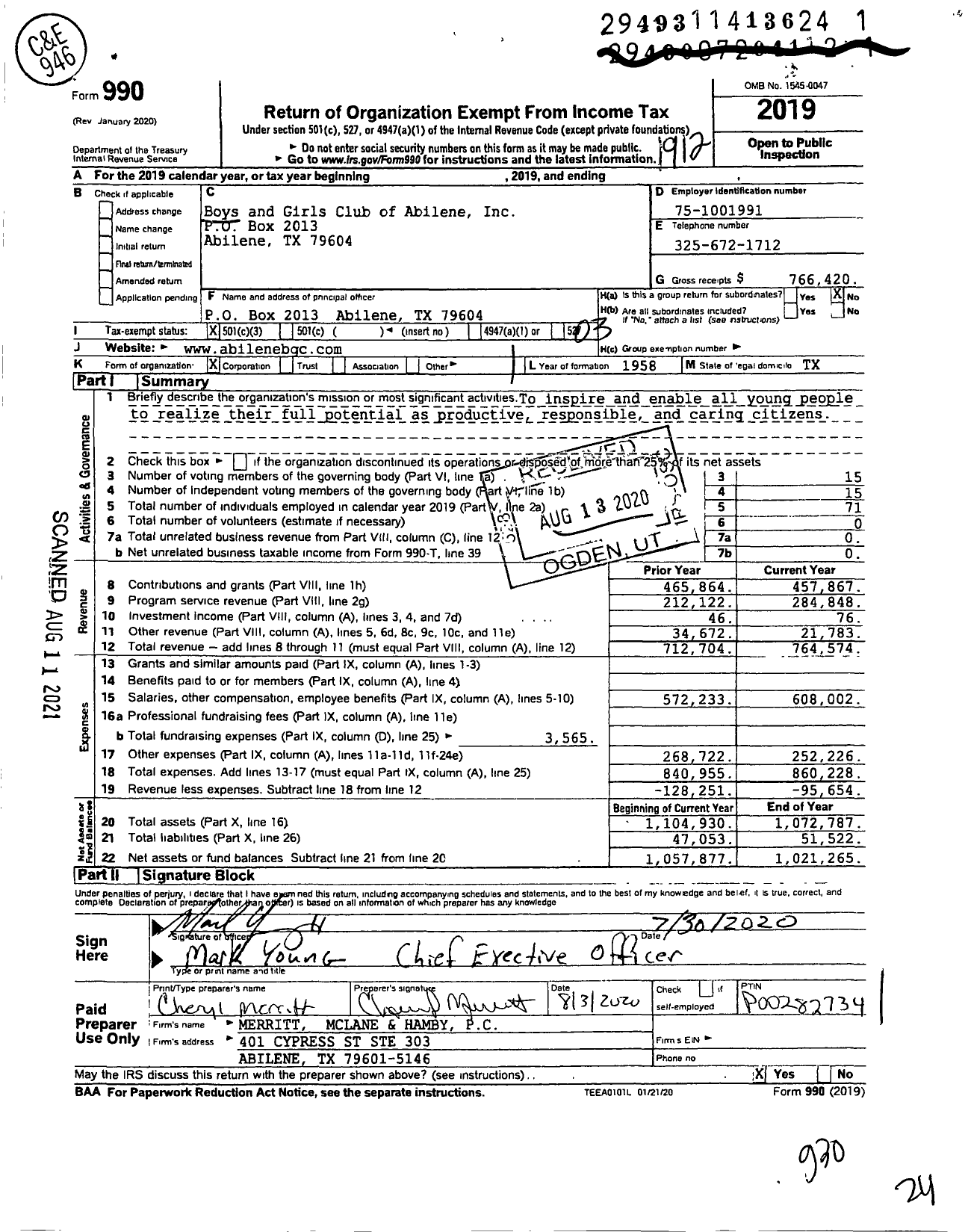 Image of first page of 2019 Form 990 for Boys and Girls Club of Abilene