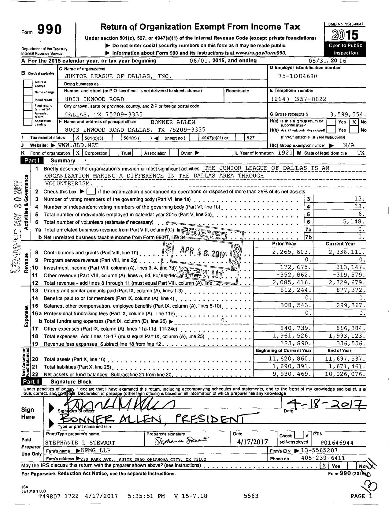 Image of first page of 2015 Form 990 for Junior League of Dallas