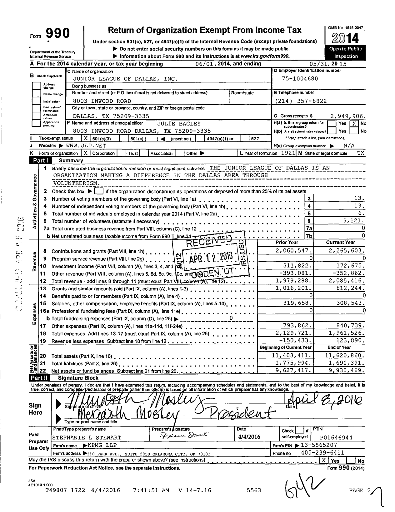Image of first page of 2014 Form 990 for Junior League of Dallas