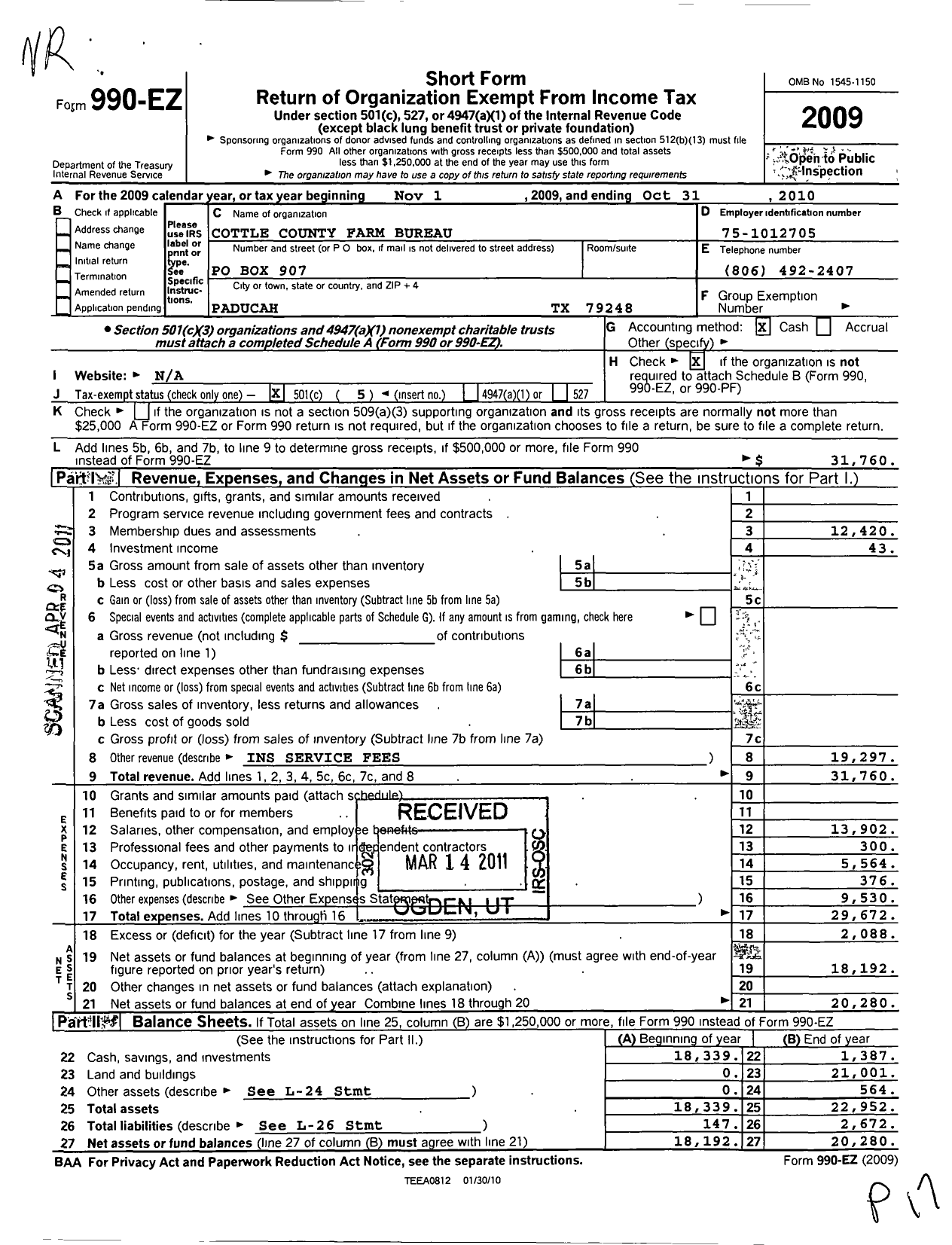 Image of first page of 2009 Form 990EO for Cottle County Farm Bureau