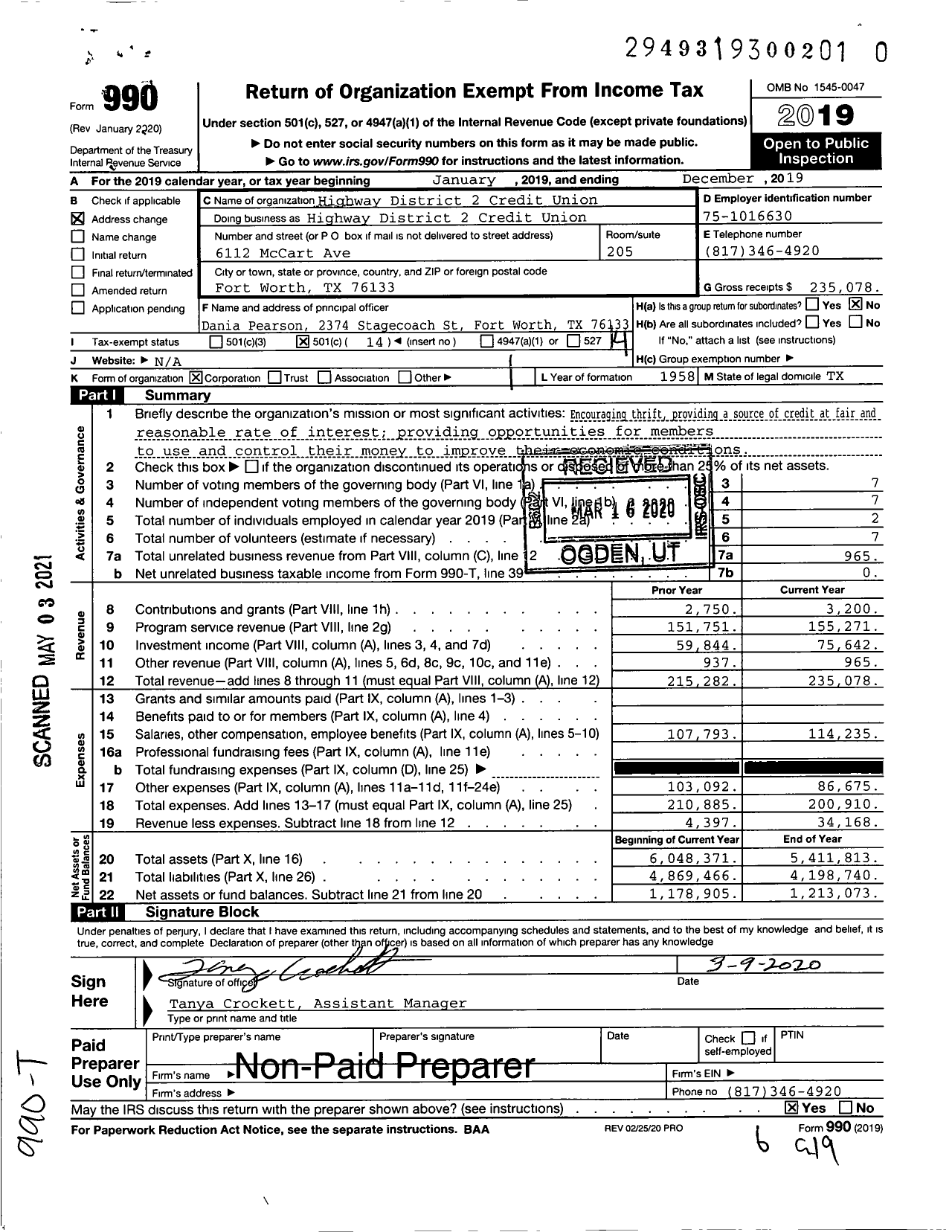 Image of first page of 2019 Form 990O for Highway District 2 Credit Union - Hwy District 2 Credit Union