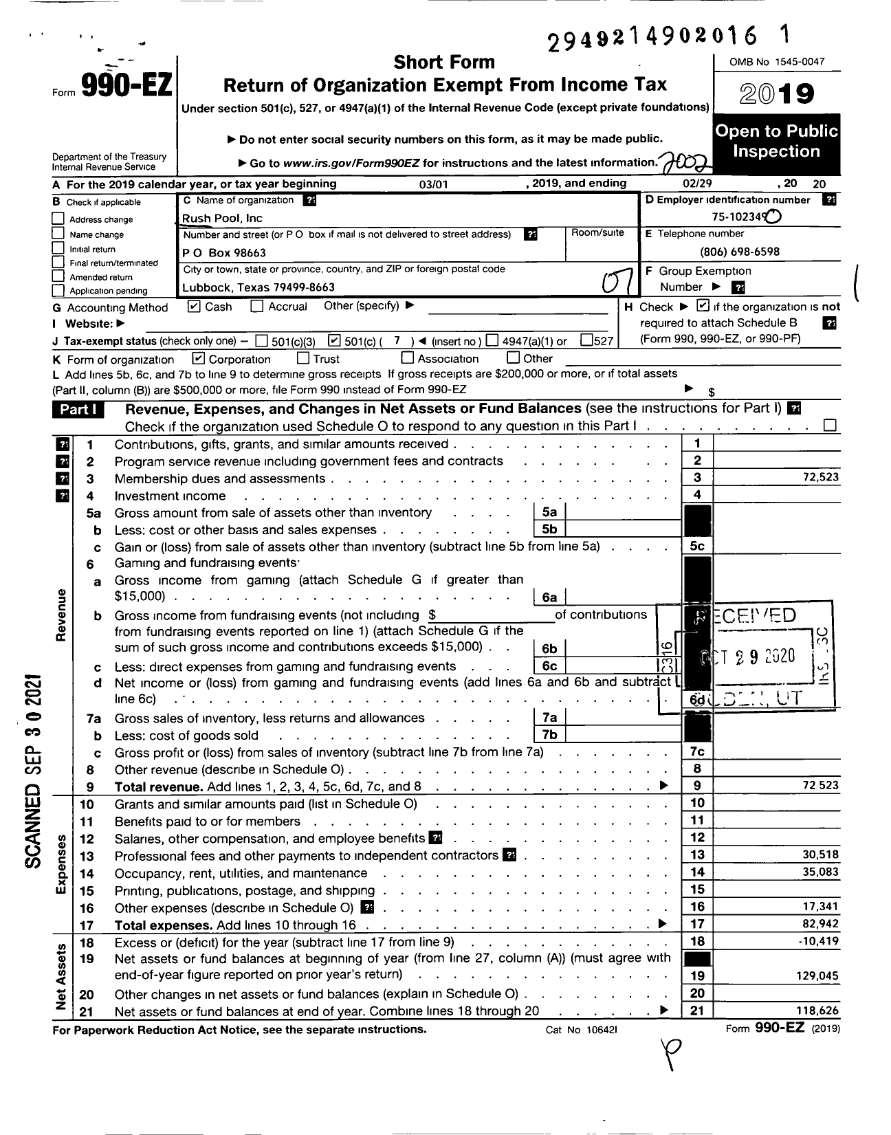 Image of first page of 2019 Form 990EO for Rush Pool