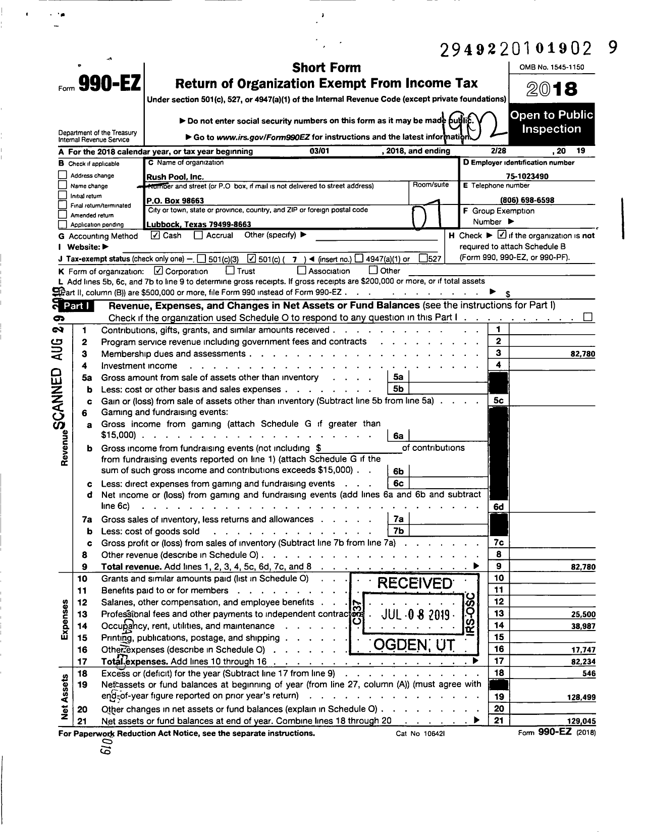 Image of first page of 2018 Form 990EO for Rush Pool