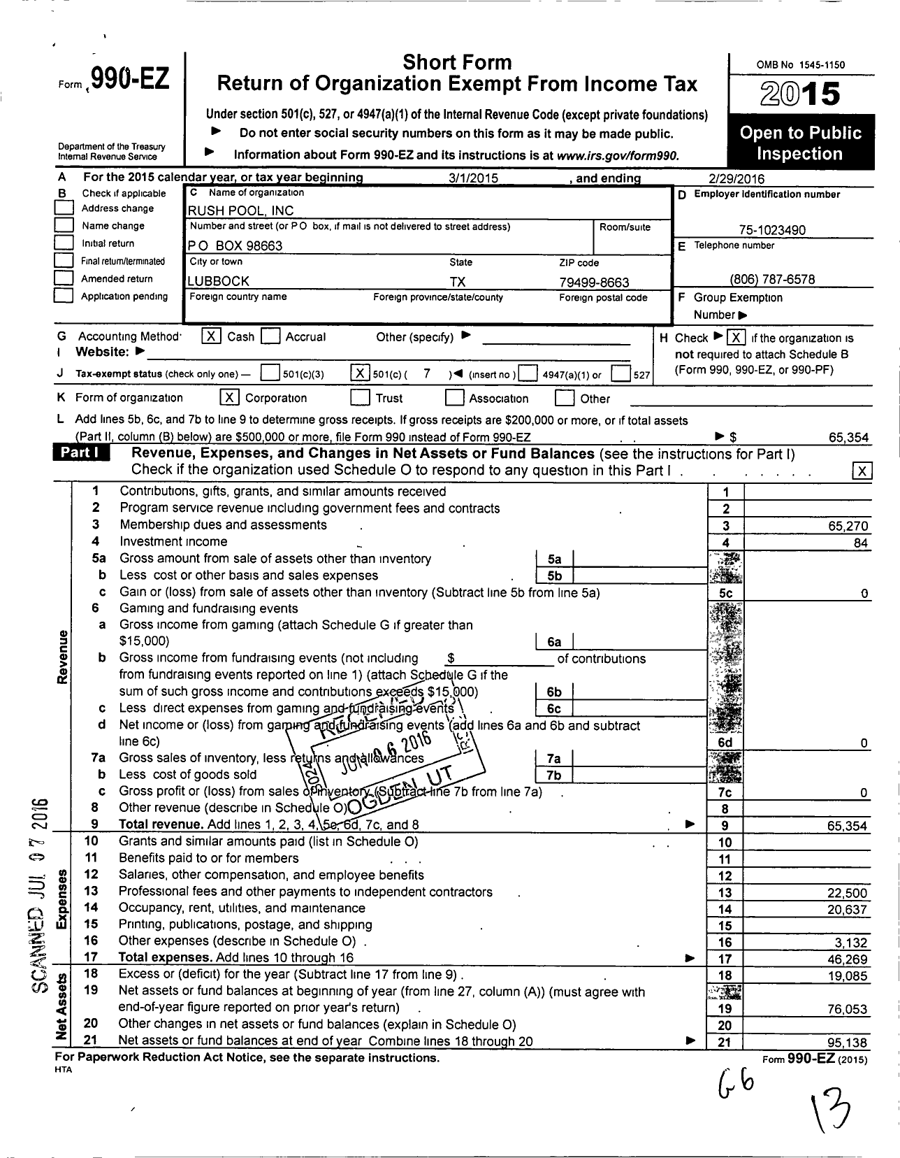Image of first page of 2015 Form 990EO for Rush Pool