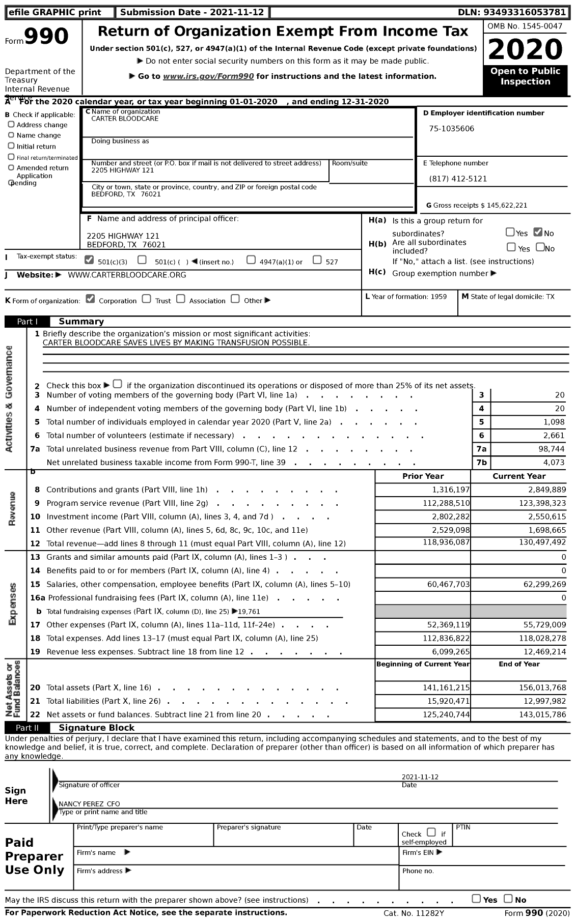 Image of first page of 2020 Form 990 for Carter BloodCare
