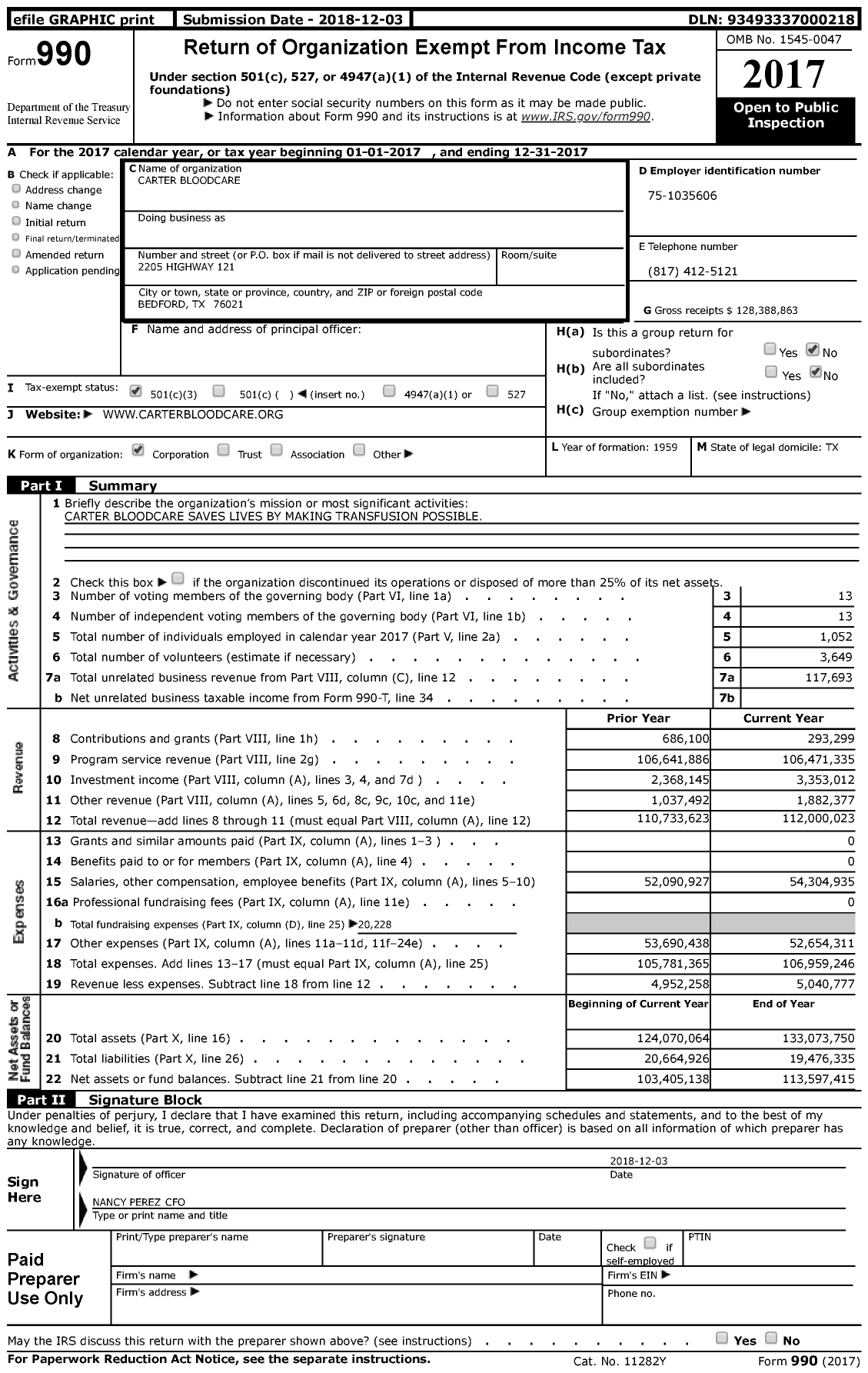 Image of first page of 2017 Form 990 for Carter BloodCare