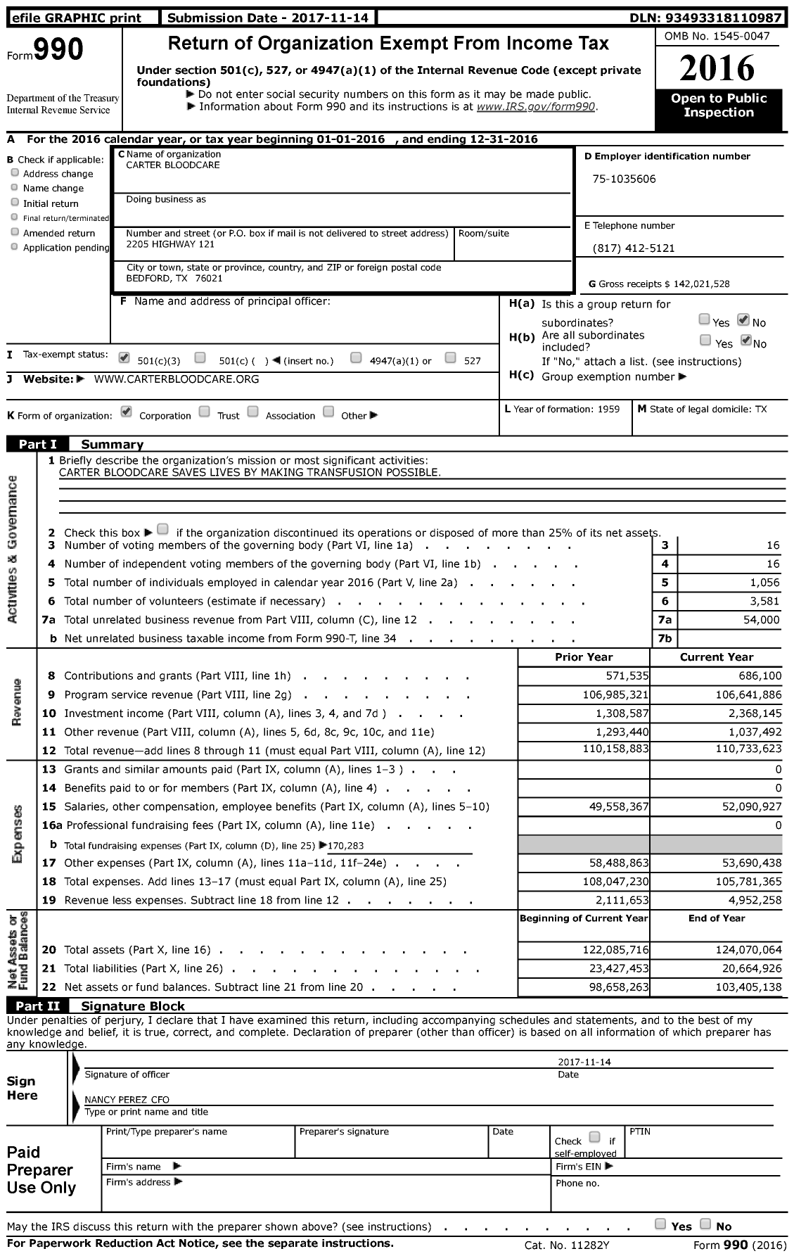 Image of first page of 2016 Form 990 for Carter BloodCare