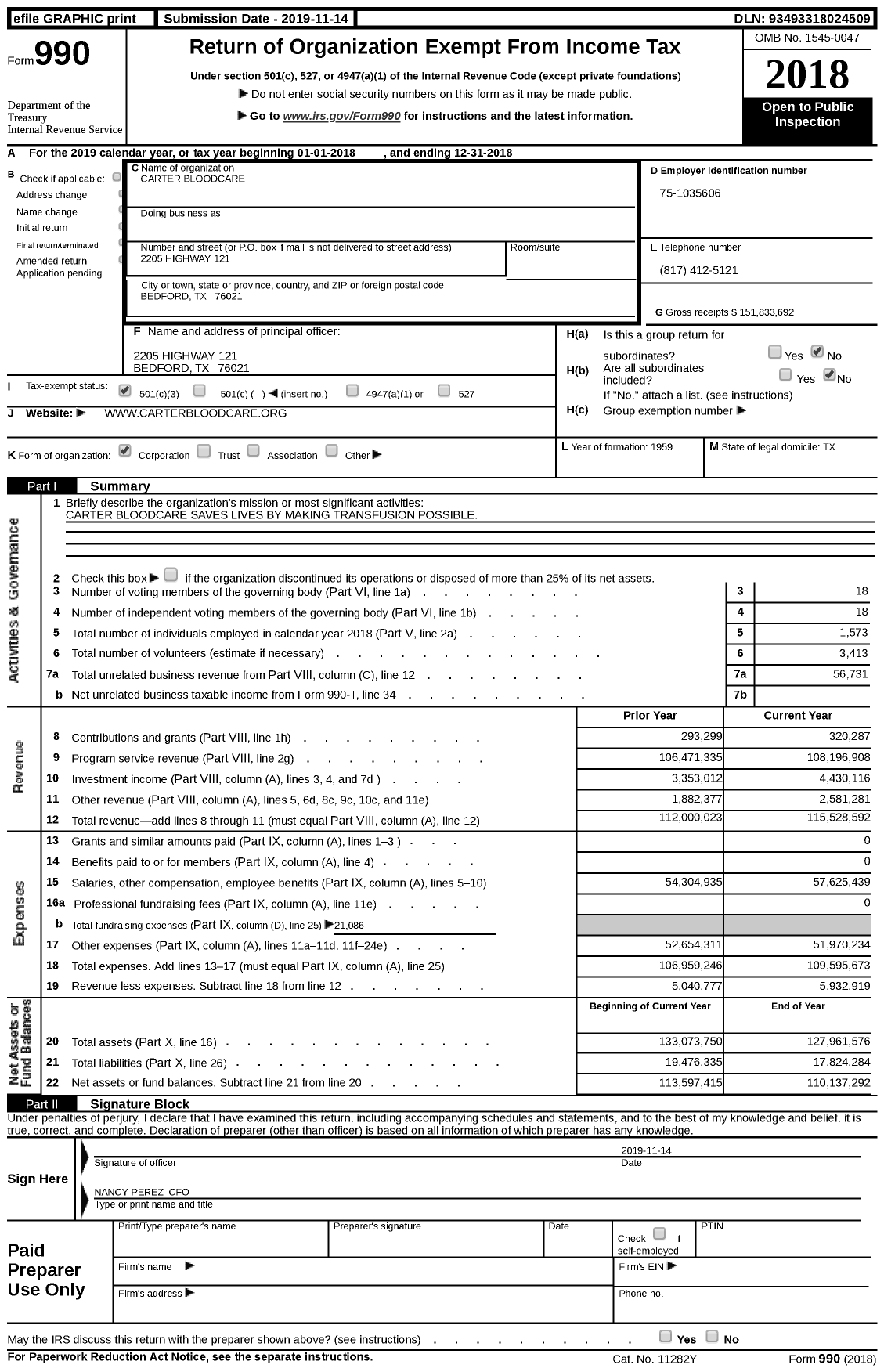 Image of first page of 2018 Form 990 for Carter BloodCare
