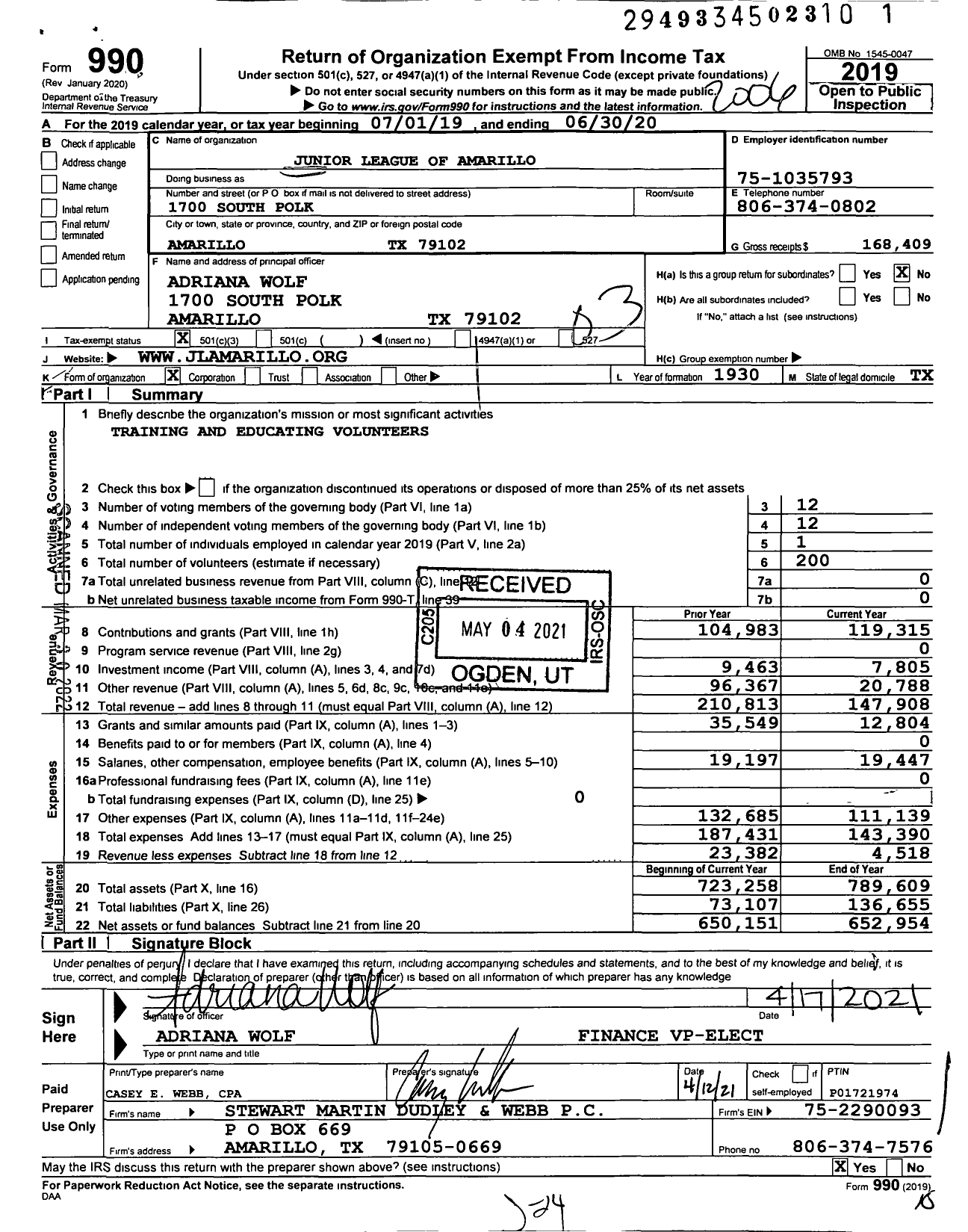 Image of first page of 2019 Form 990 for Junior League of Amarillo