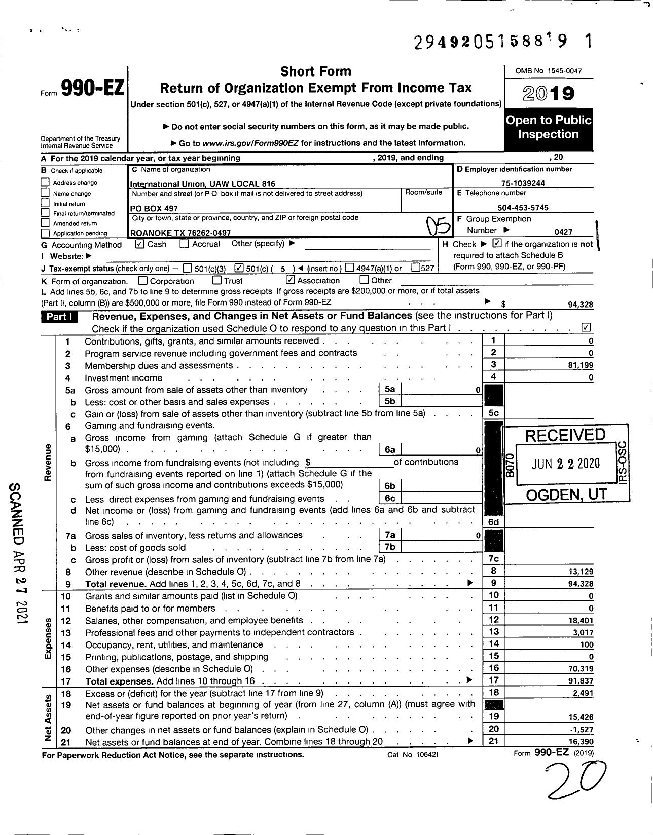 Image of first page of 2019 Form 990EO for UAW - Local 816