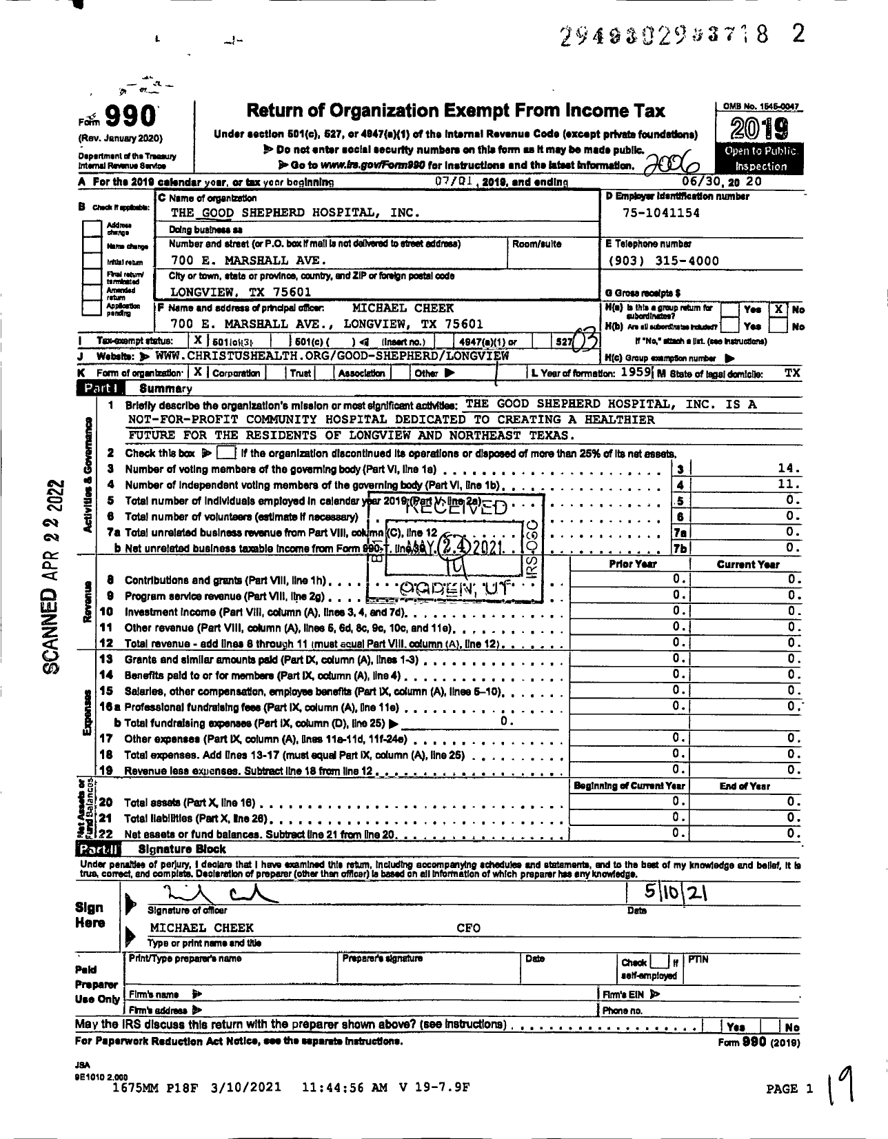Image of first page of 2019 Form 990 for Good Shepherd Hospital