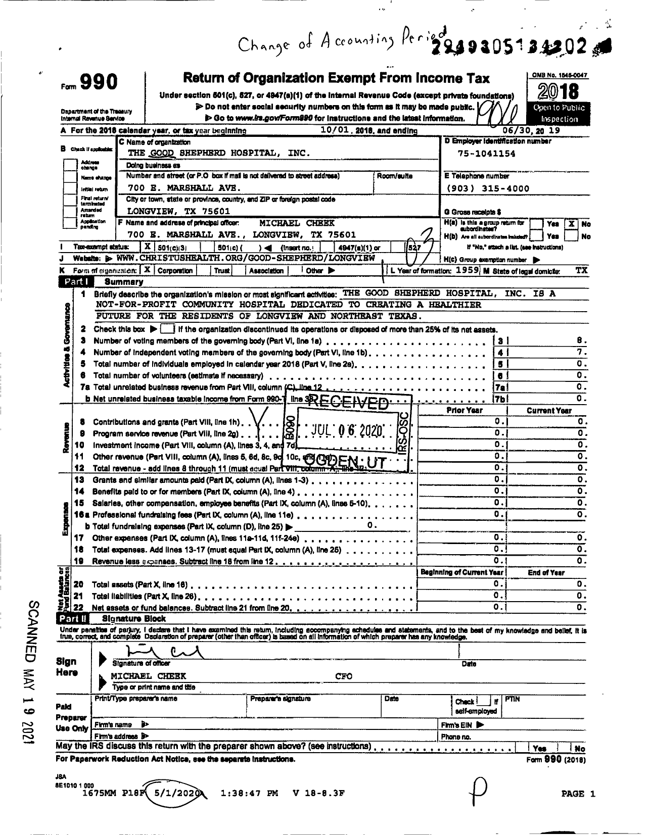Image of first page of 2018 Form 990 for Good Shepherd Hospital