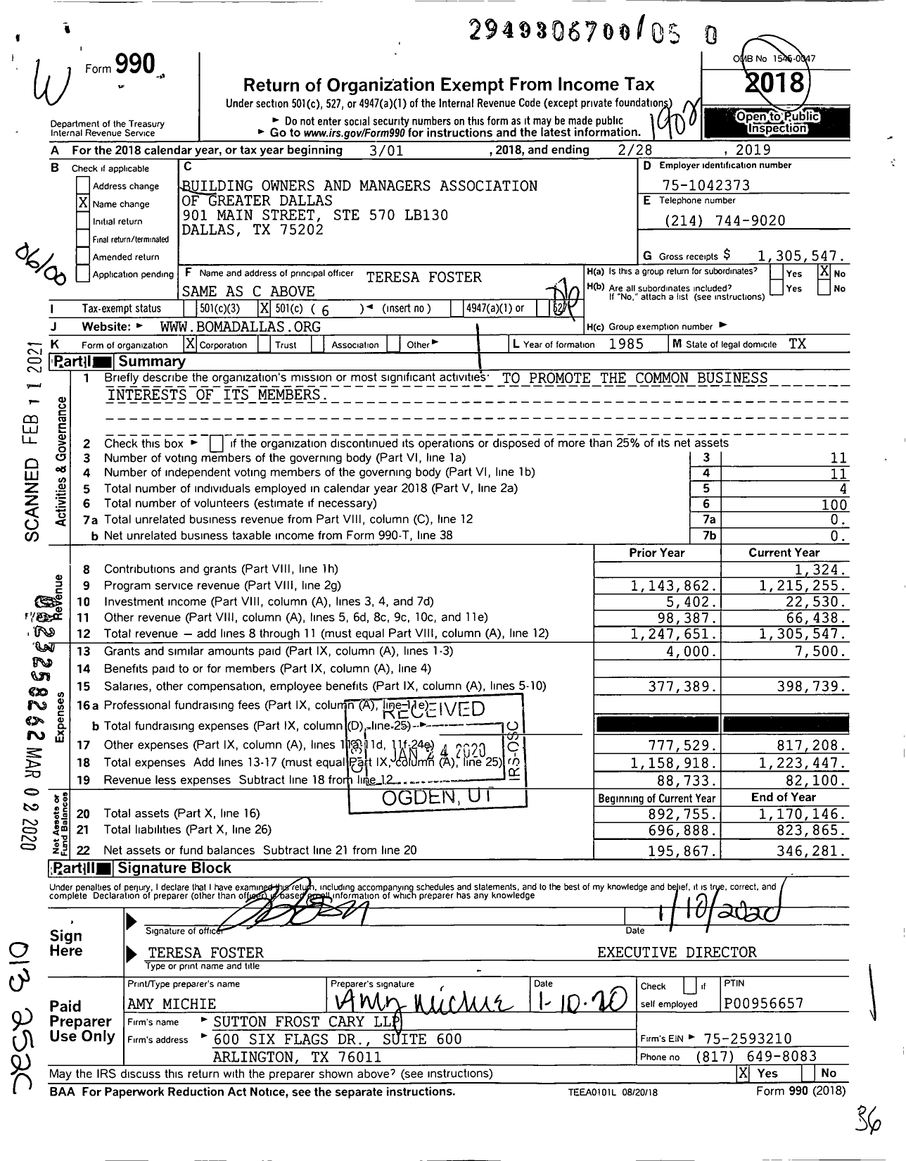 Image of first page of 2018 Form 990O for Building Owners and Managers Association of Greater Dallas (BOMA)