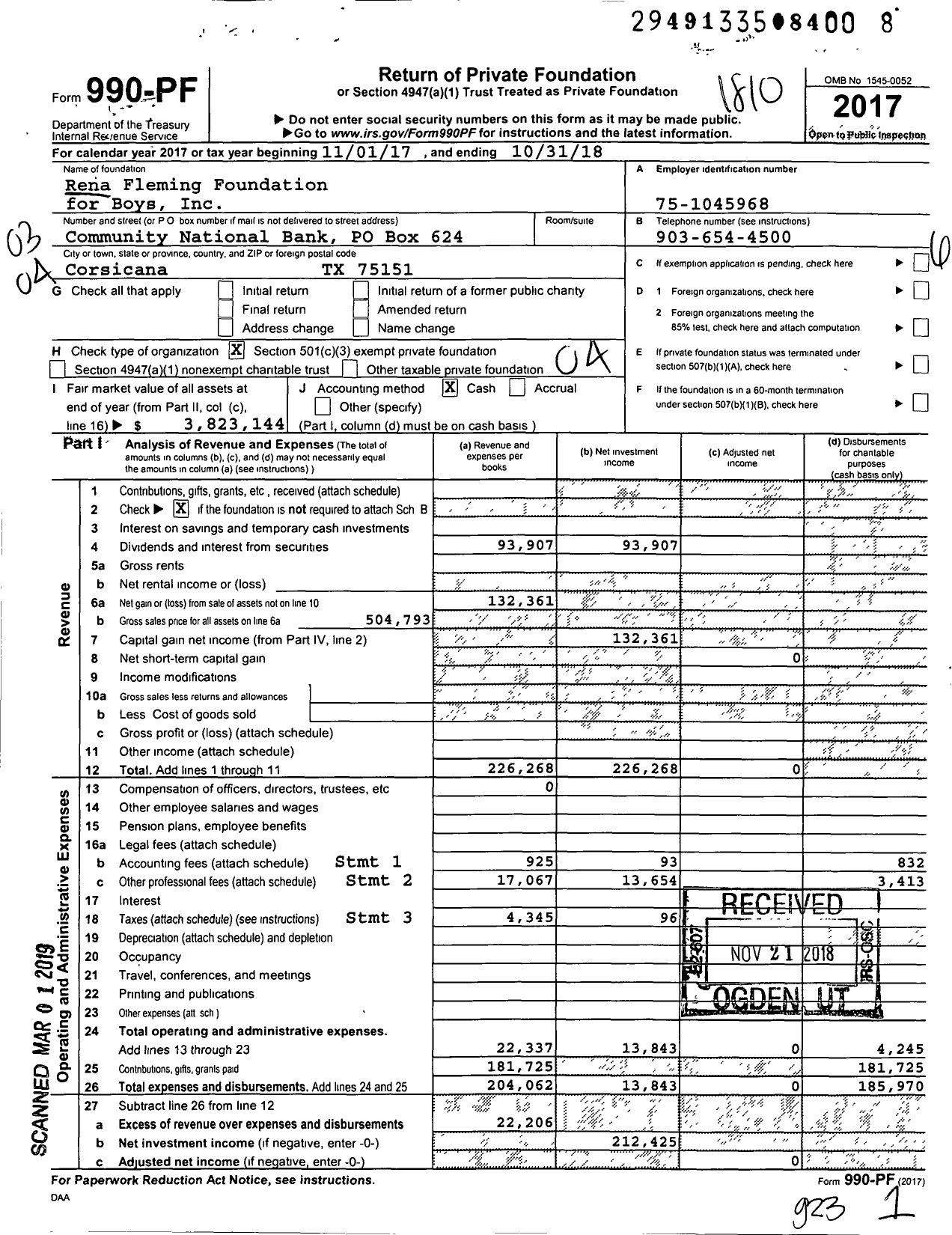 Image of first page of 2017 Form 990PF for Rena Fleming Foundation for Boys