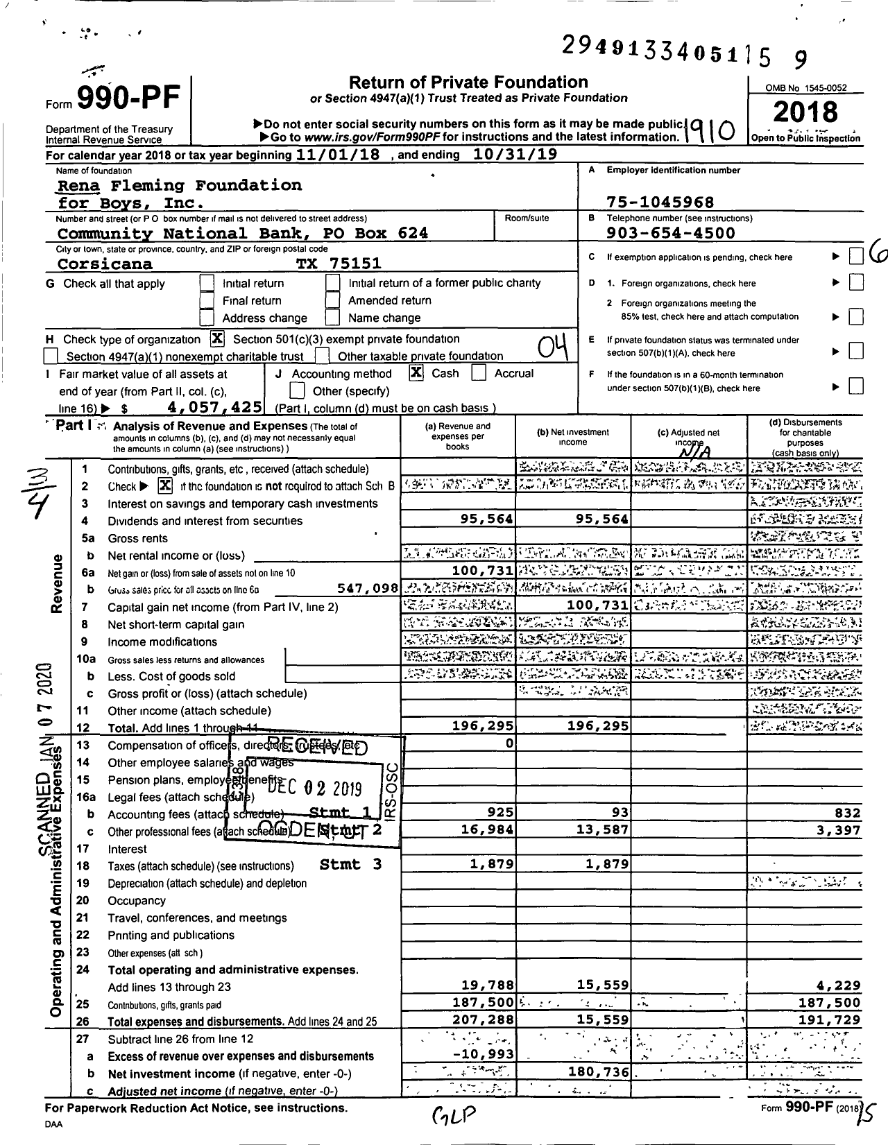 Image of first page of 2018 Form 990PF for Rena Fleming Foundation for Boys