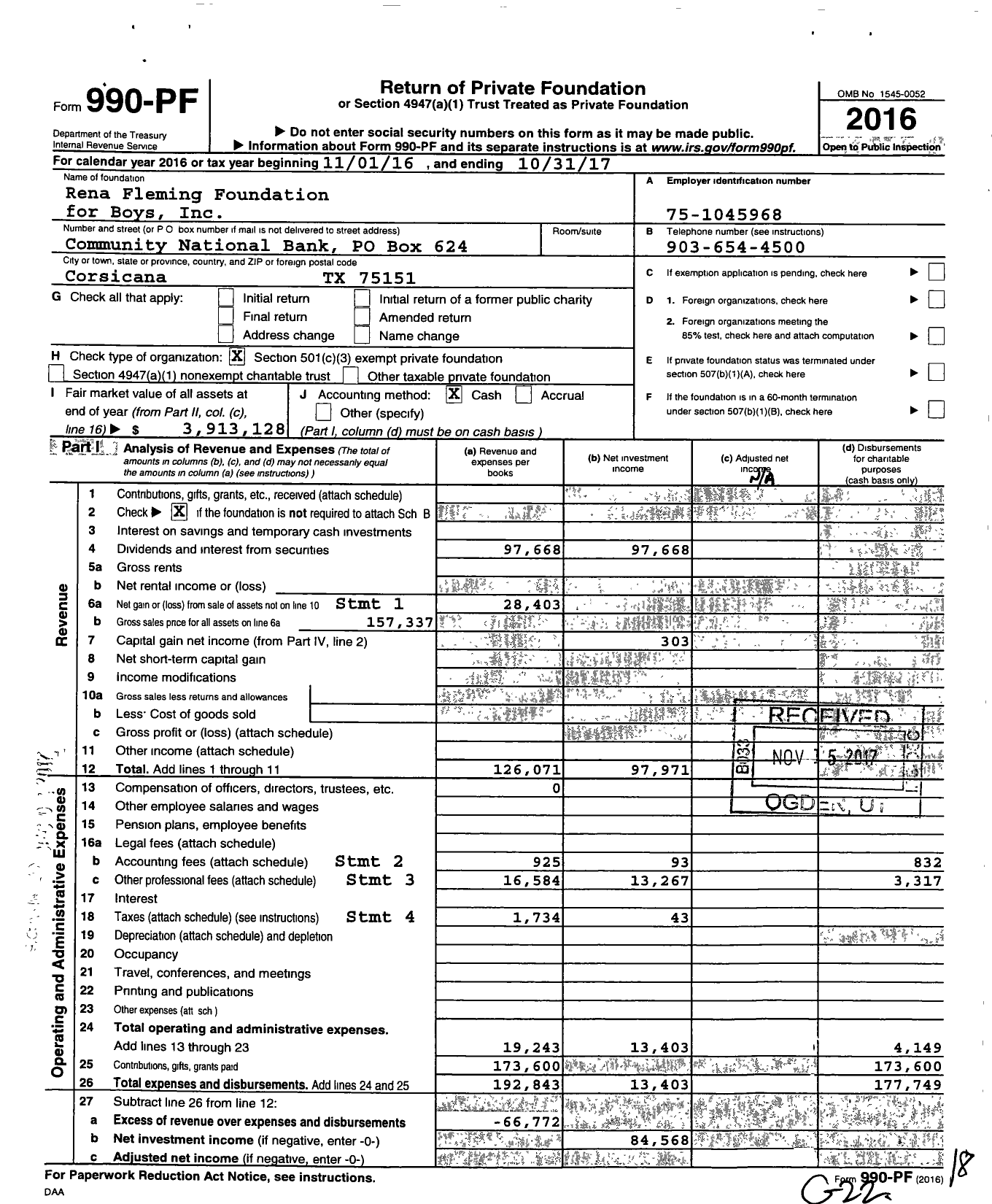 Image of first page of 2016 Form 990PF for Rena Fleming Foundation for Boys