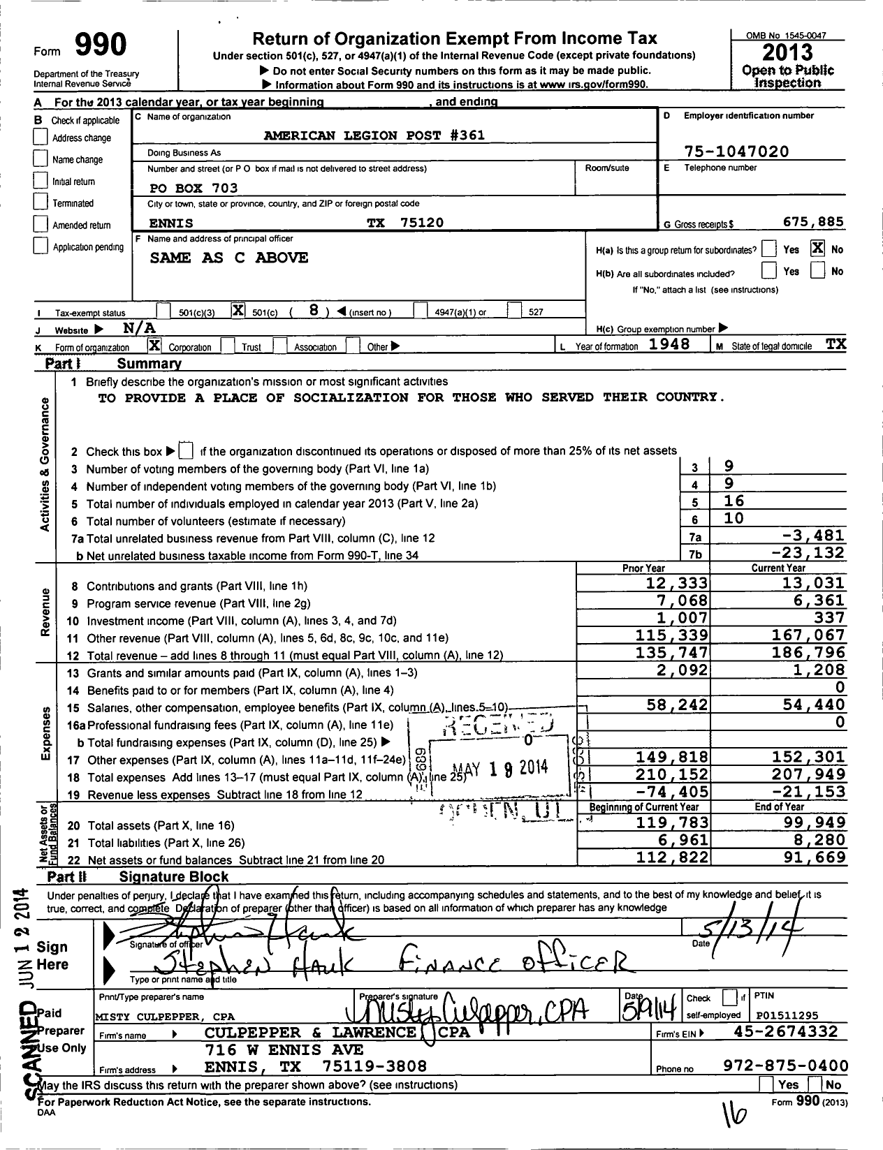 Image of first page of 2013 Form 990O for American Legion - 0361