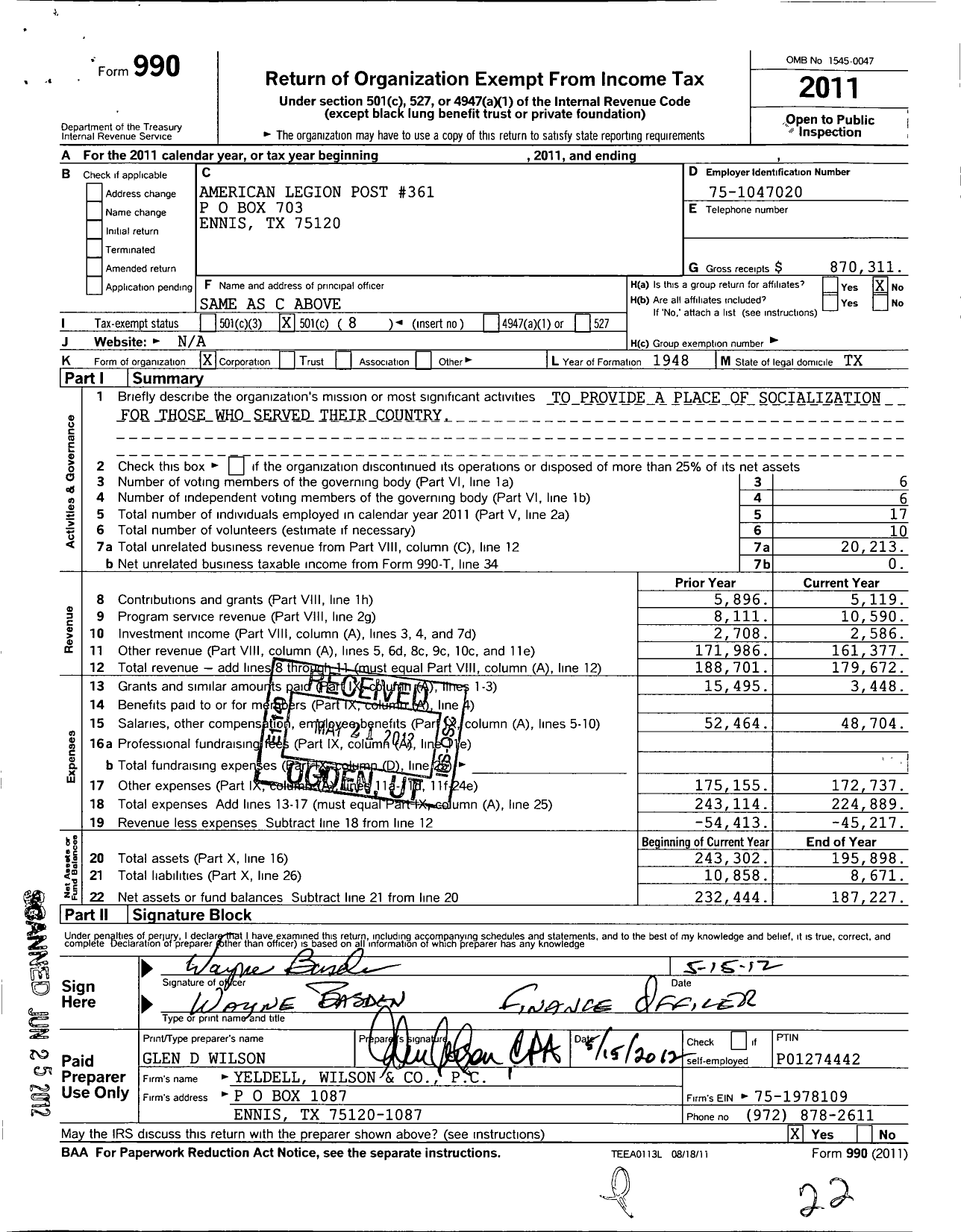 Image of first page of 2011 Form 990O for American Legion - 0361
