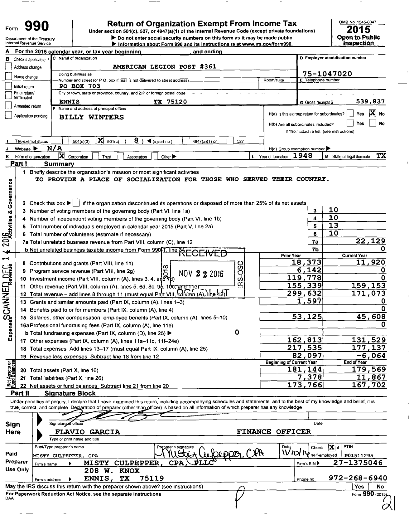 Image of first page of 2015 Form 990O for American Legion - 0361