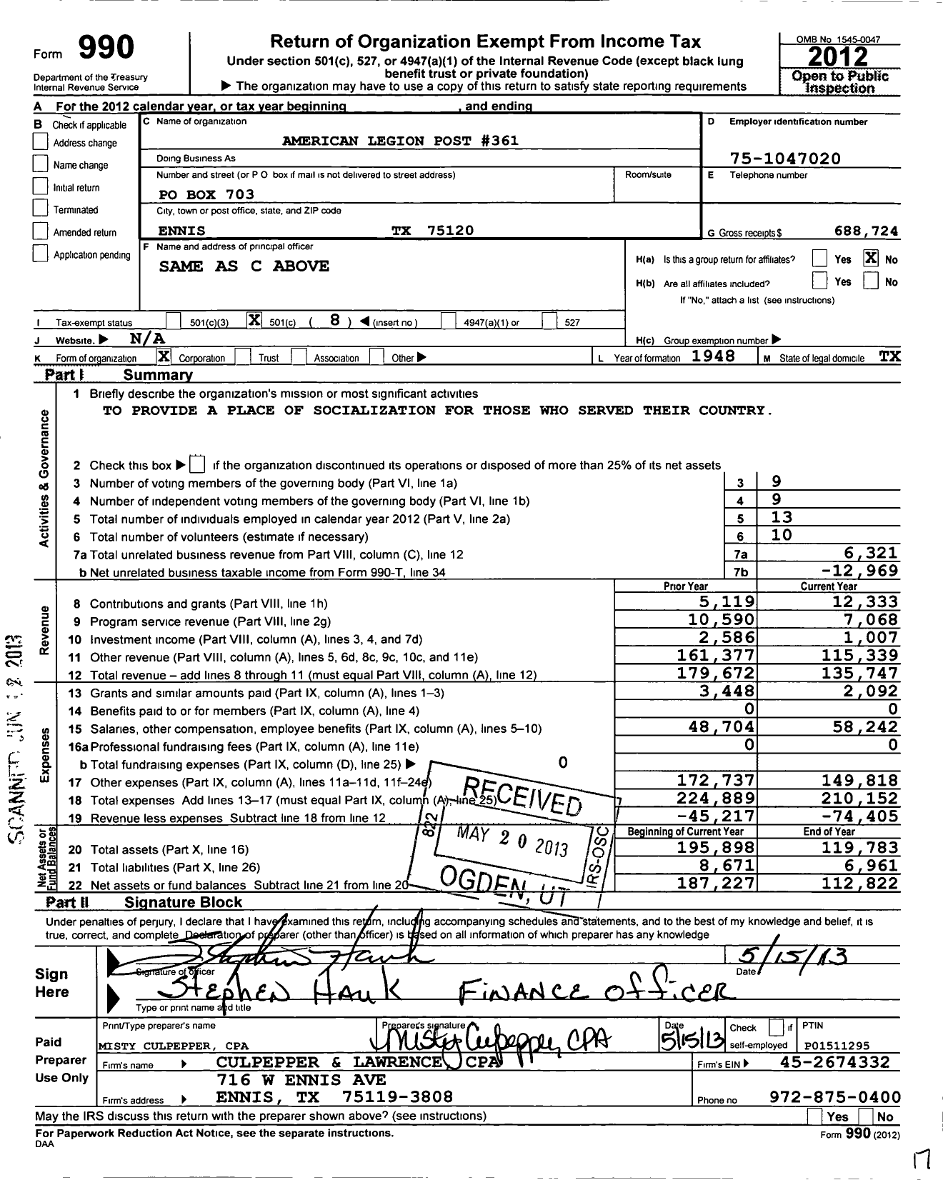Image of first page of 2012 Form 990O for American Legion - 0361