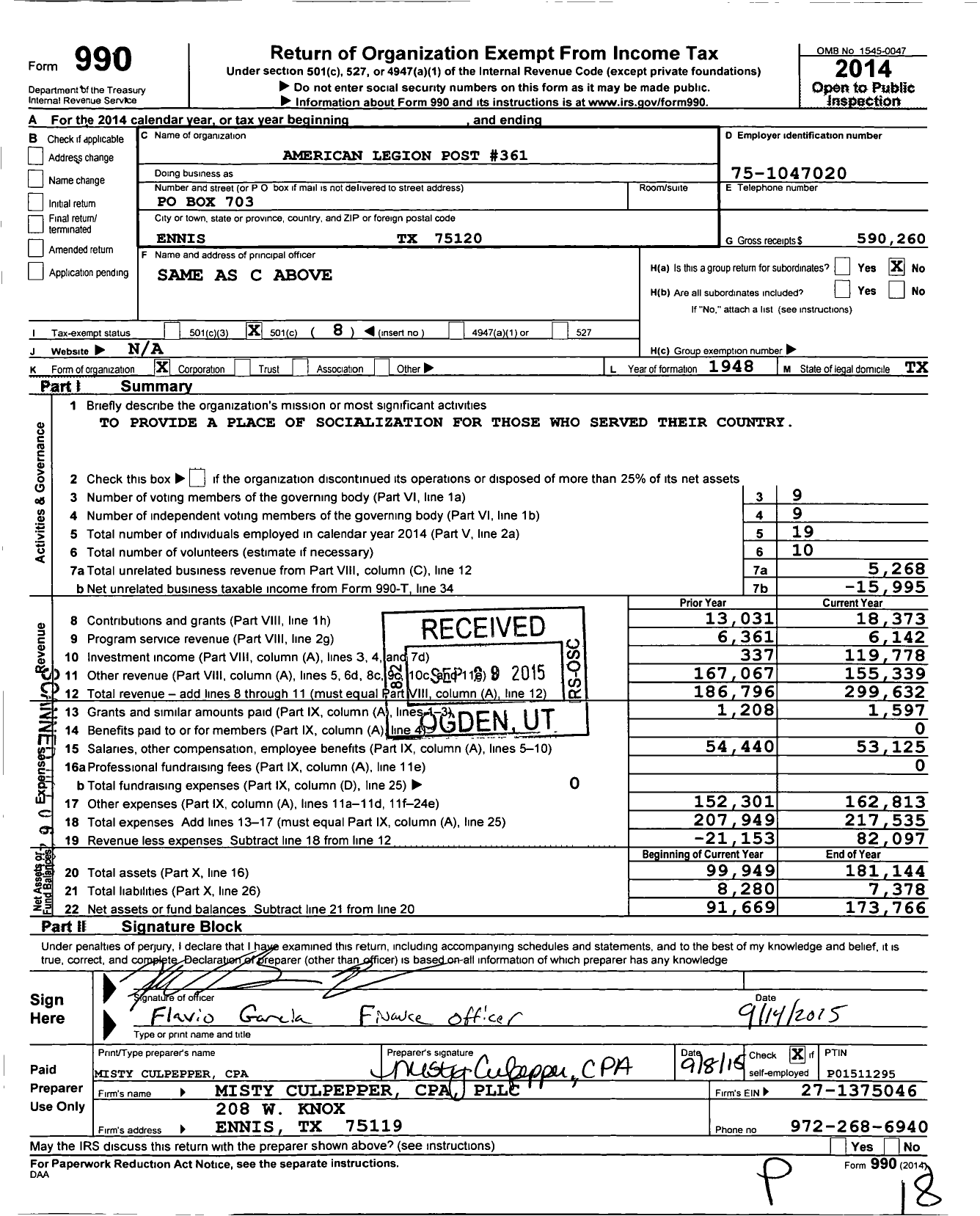 Image of first page of 2014 Form 990O for American Legion - 0361