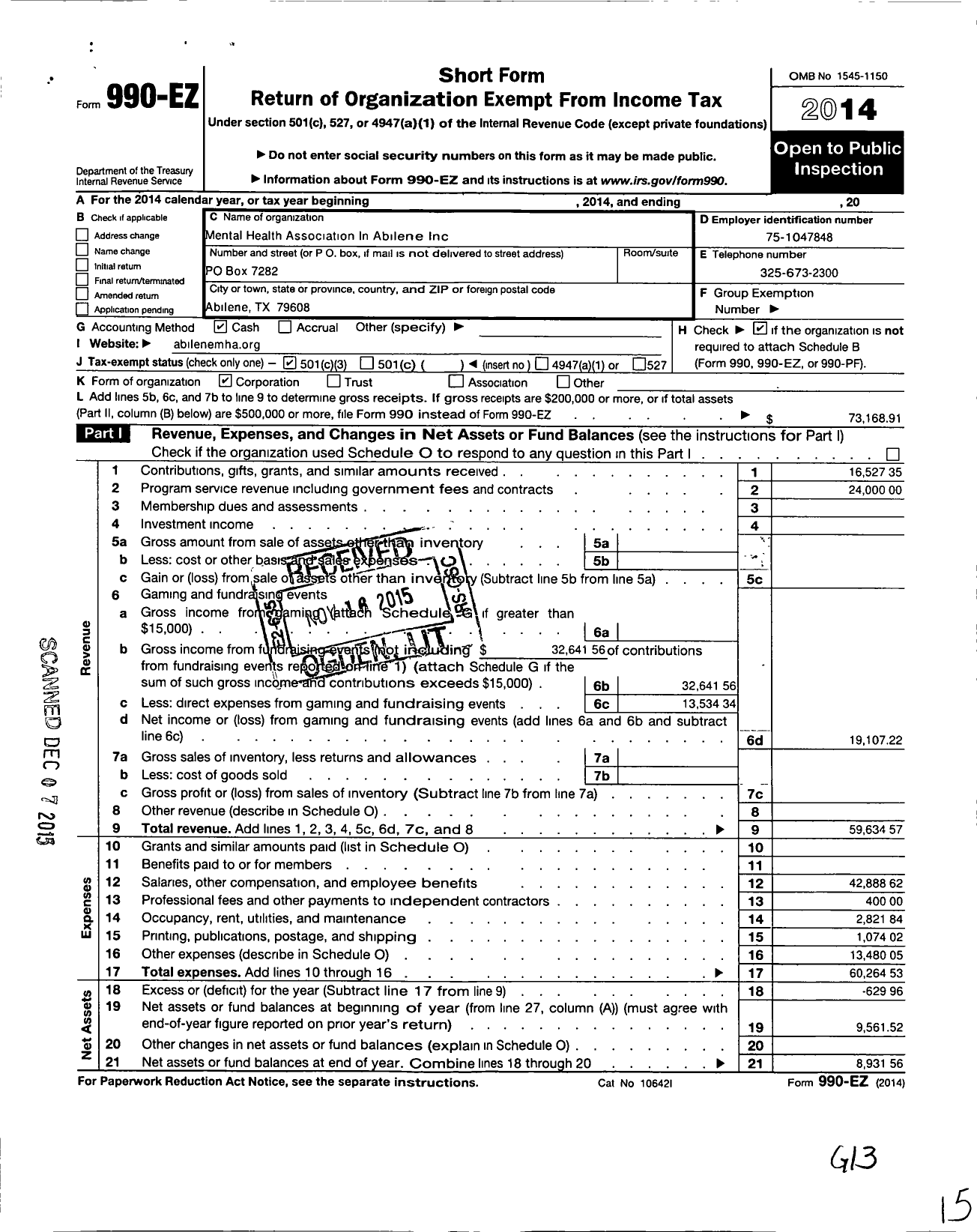 Image of first page of 2014 Form 990EZ for Mental Health America of Abilene