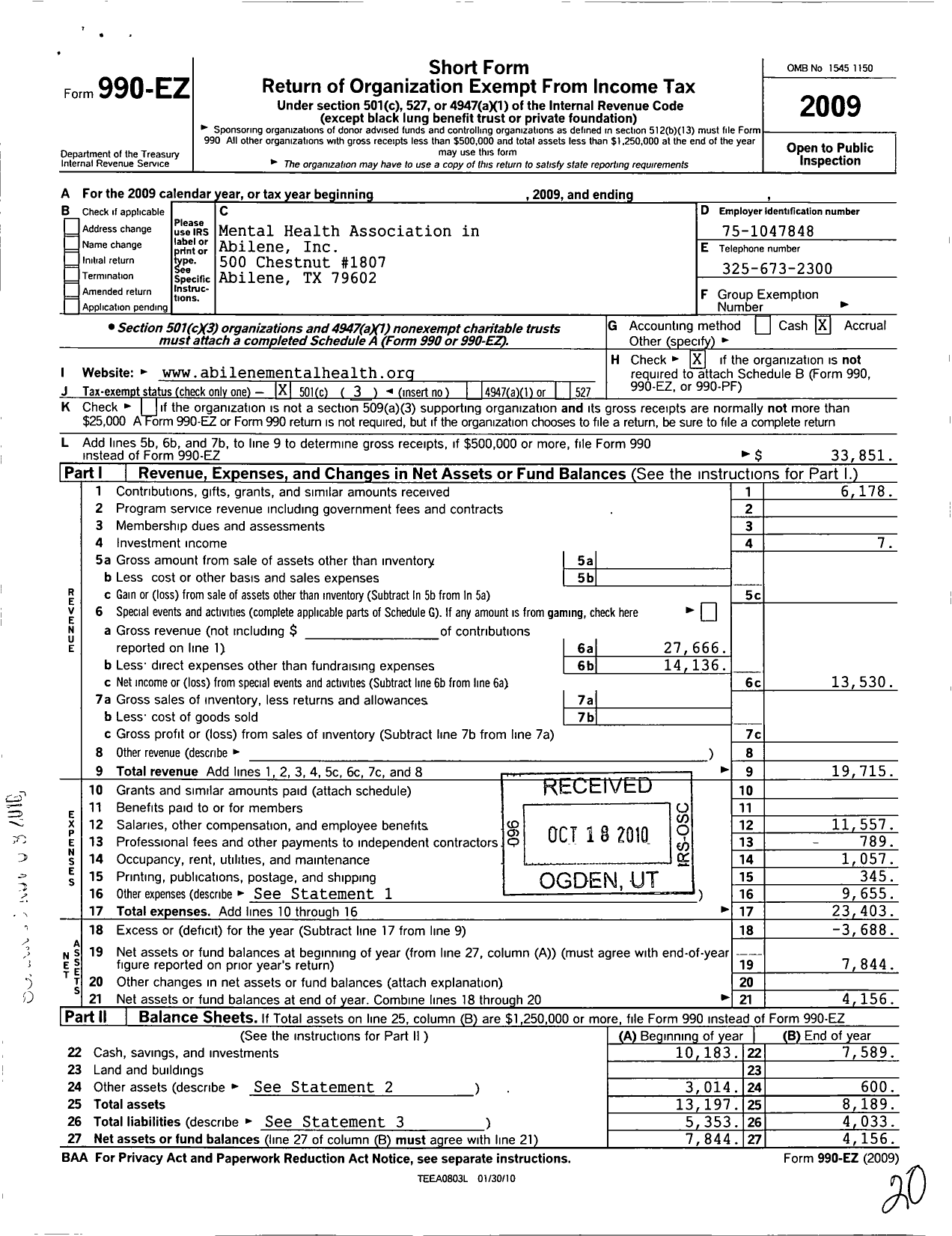 Image of first page of 2009 Form 990EZ for Mental Health America of Abilene