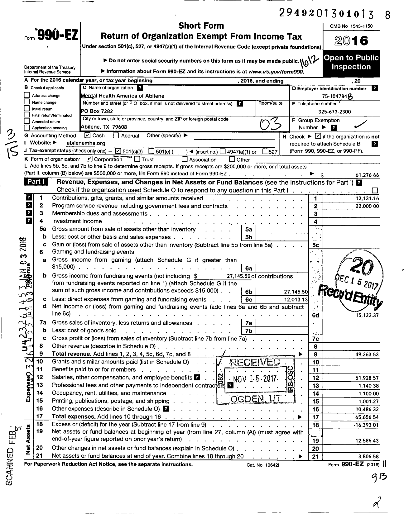 Image of first page of 2016 Form 990EZ for Mental Health America of Abilene