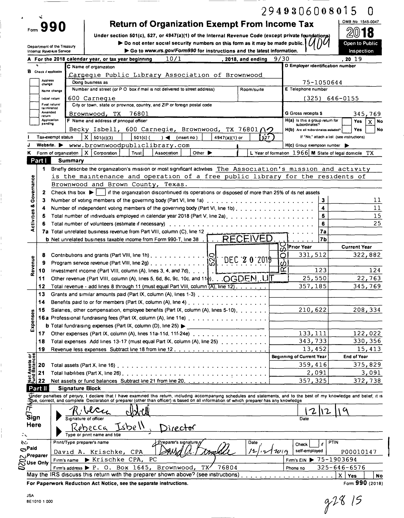 Image of first page of 2018 Form 990 for Brownwood Community Library Association