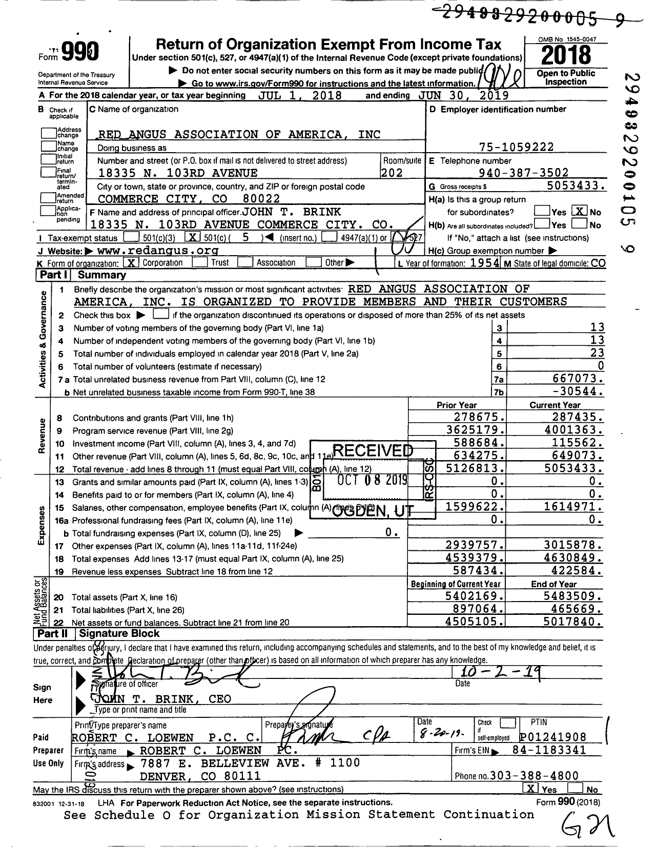 Image of first page of 2018 Form 990O for Red Angus Association of America