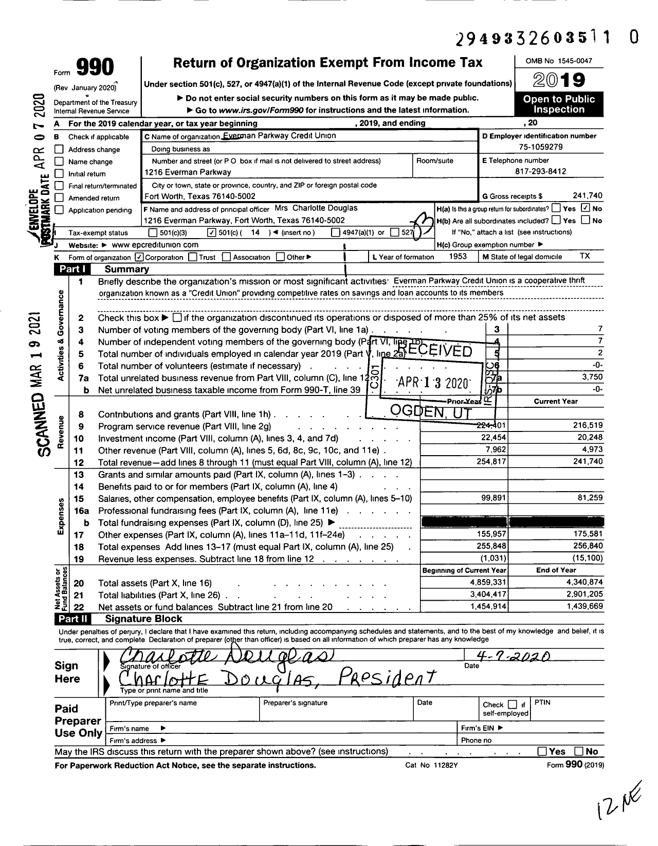 Image of first page of 2019 Form 990 for Everman Parkway Credit Union