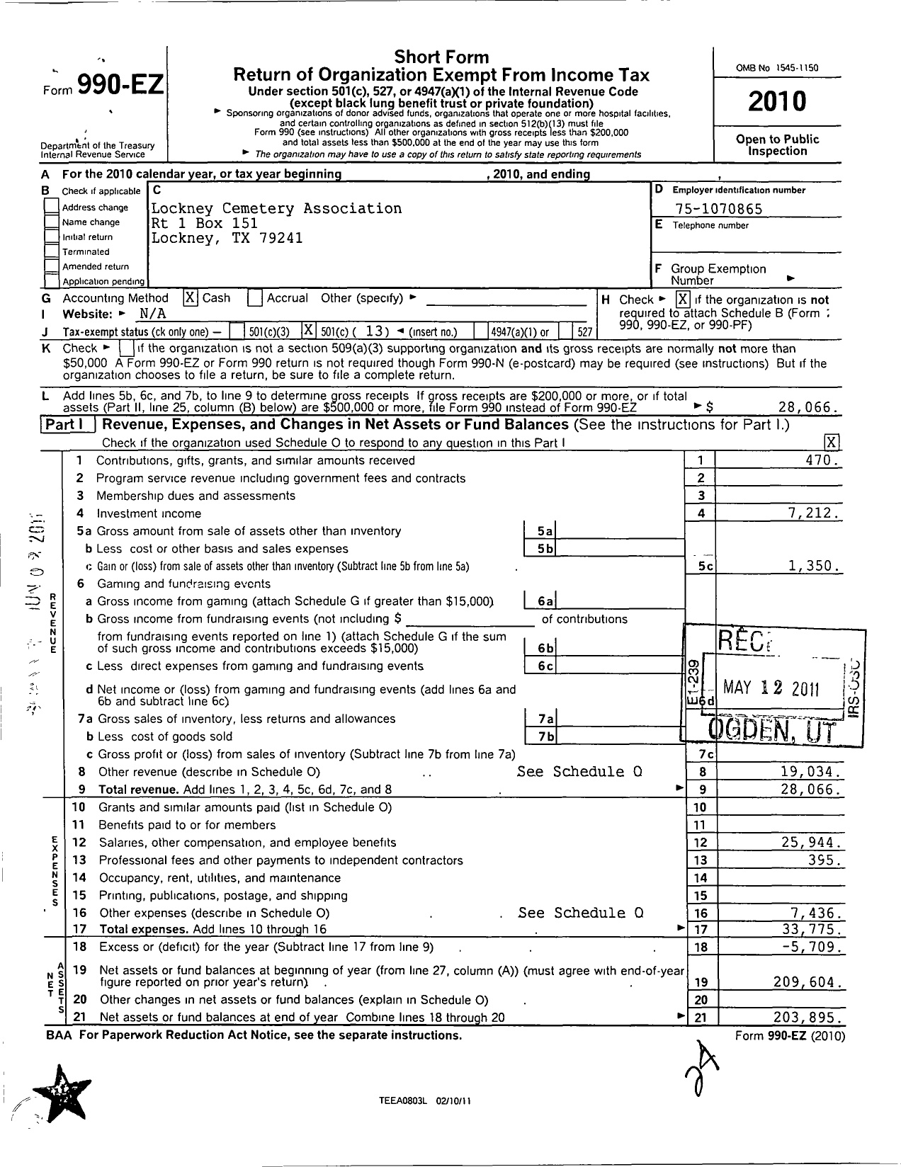 Image of first page of 2010 Form 990EO for Lockney Cemetery Association