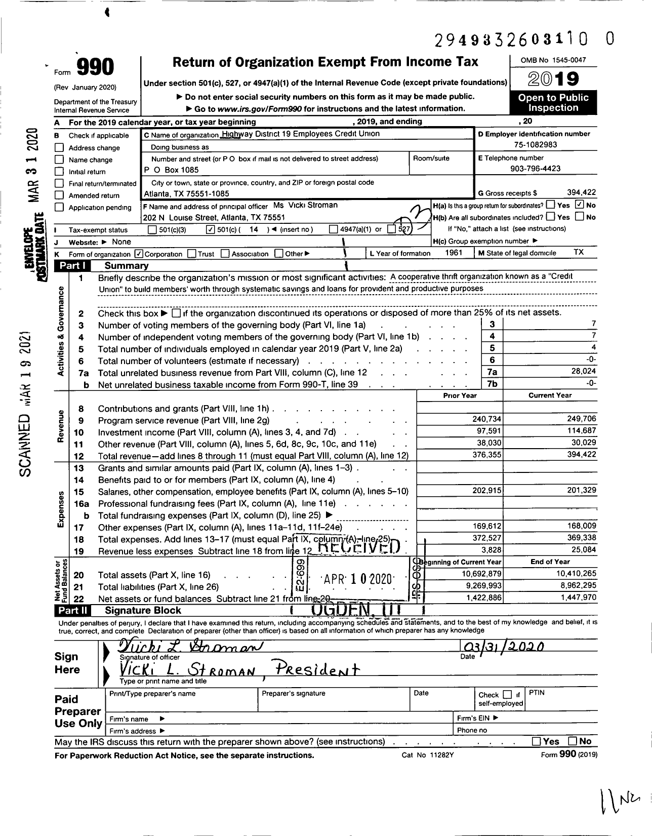 Image of first page of 2019 Form 990 for Highway District 19 Employees Credit Union