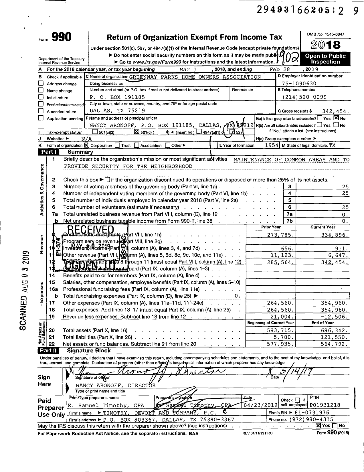 Image of first page of 2018 Form 990O for Greenway Parks Home Owners Association