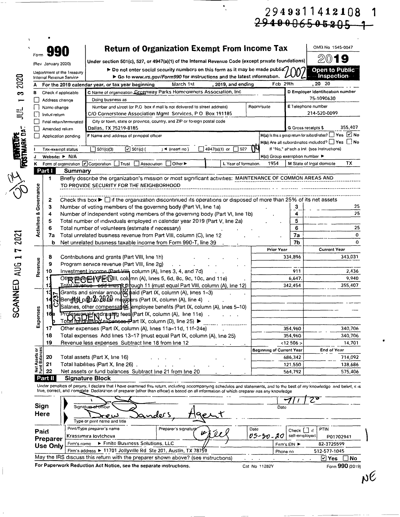 Image of first page of 2019 Form 990O for Greenway Parks Home Owners Association