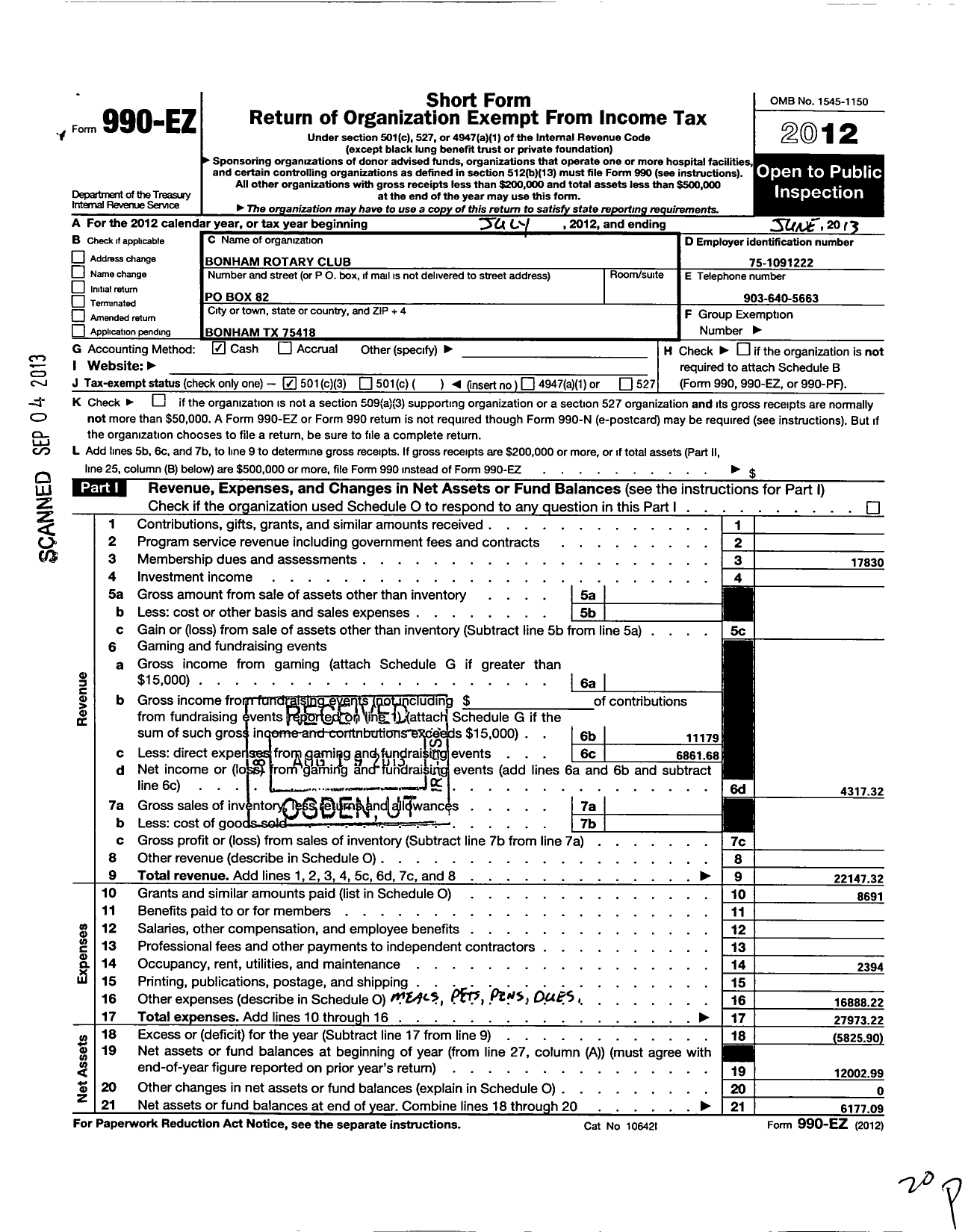 Image of first page of 2012 Form 990EZ for Rotary International - Bonham