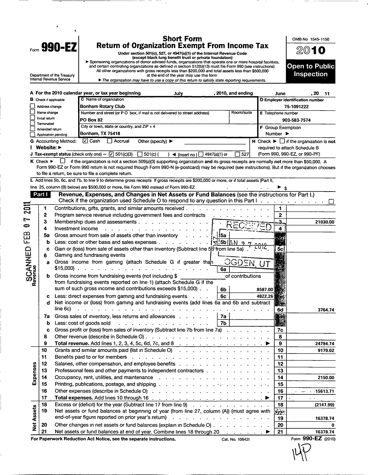 Image of first page of 2010 Form 990EZ for Rotary International - Bonham