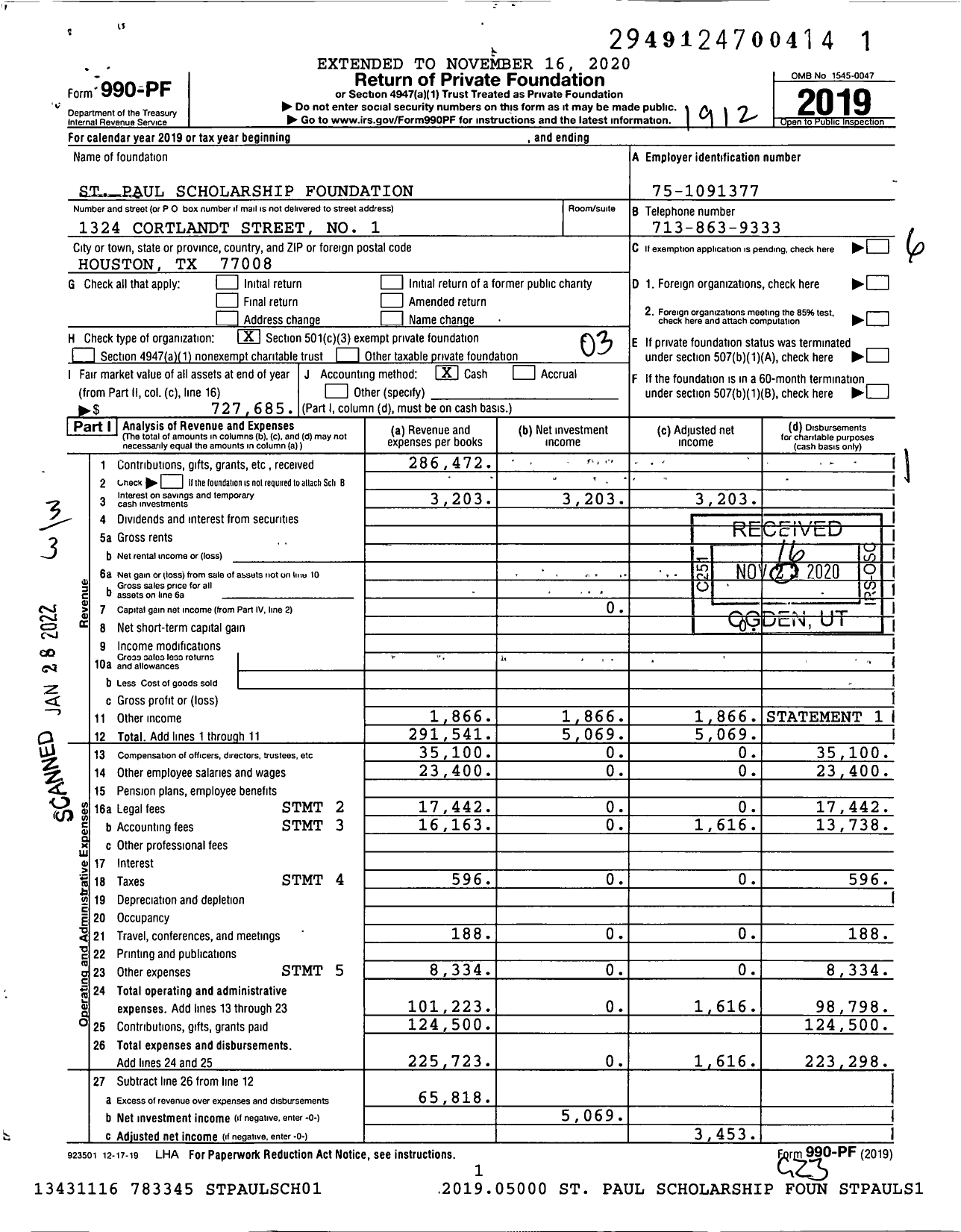 Image of first page of 2019 Form 990PF for St Paul Scholarship Foundation