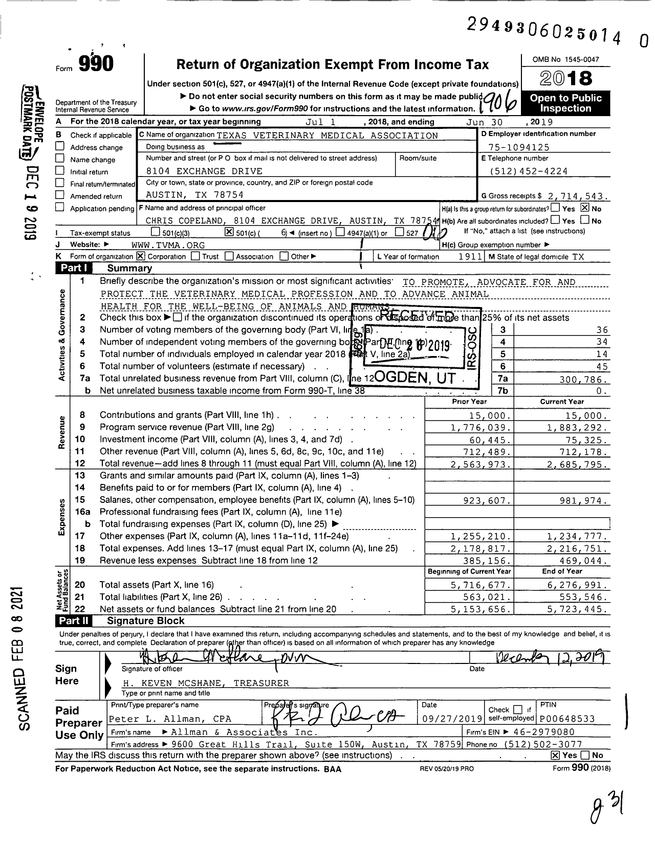 Image of first page of 2018 Form 990O for Texas Veterinary Medical Association