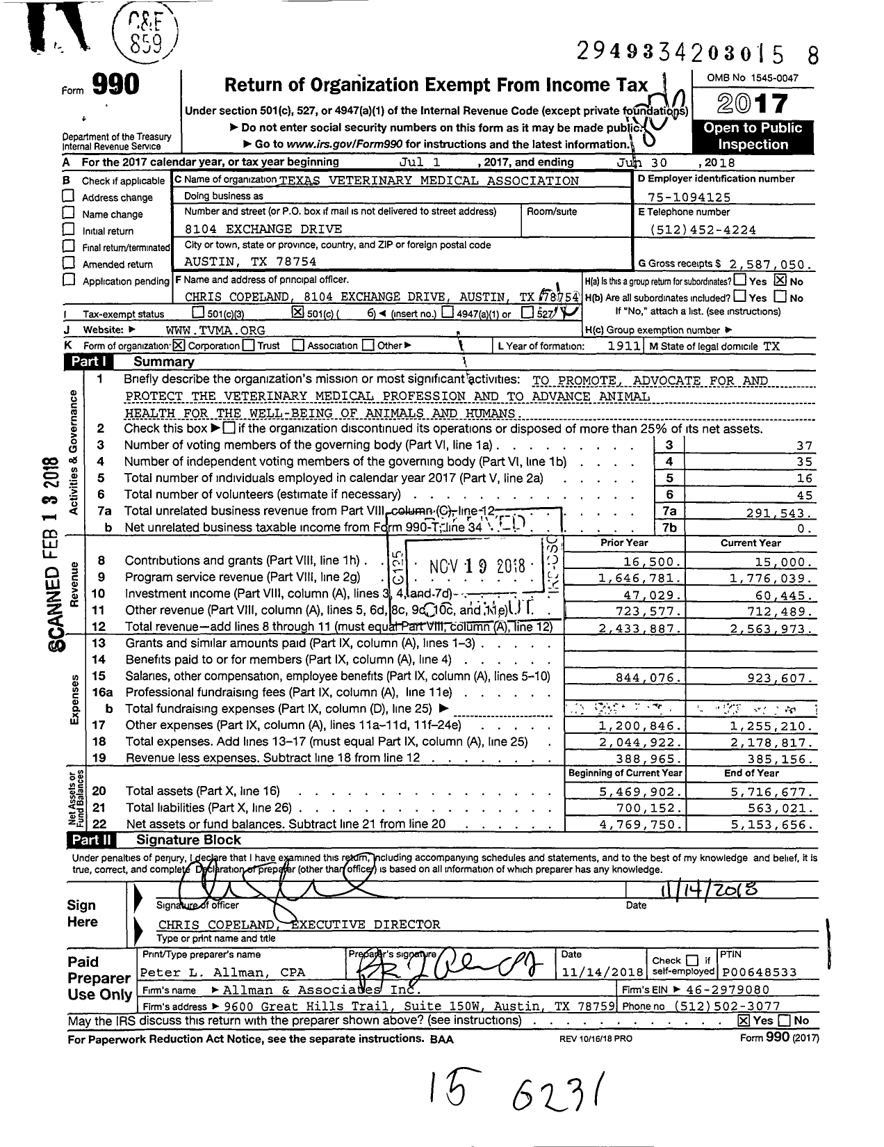 Image of first page of 2017 Form 990O for Texas Veterinary Medical Association