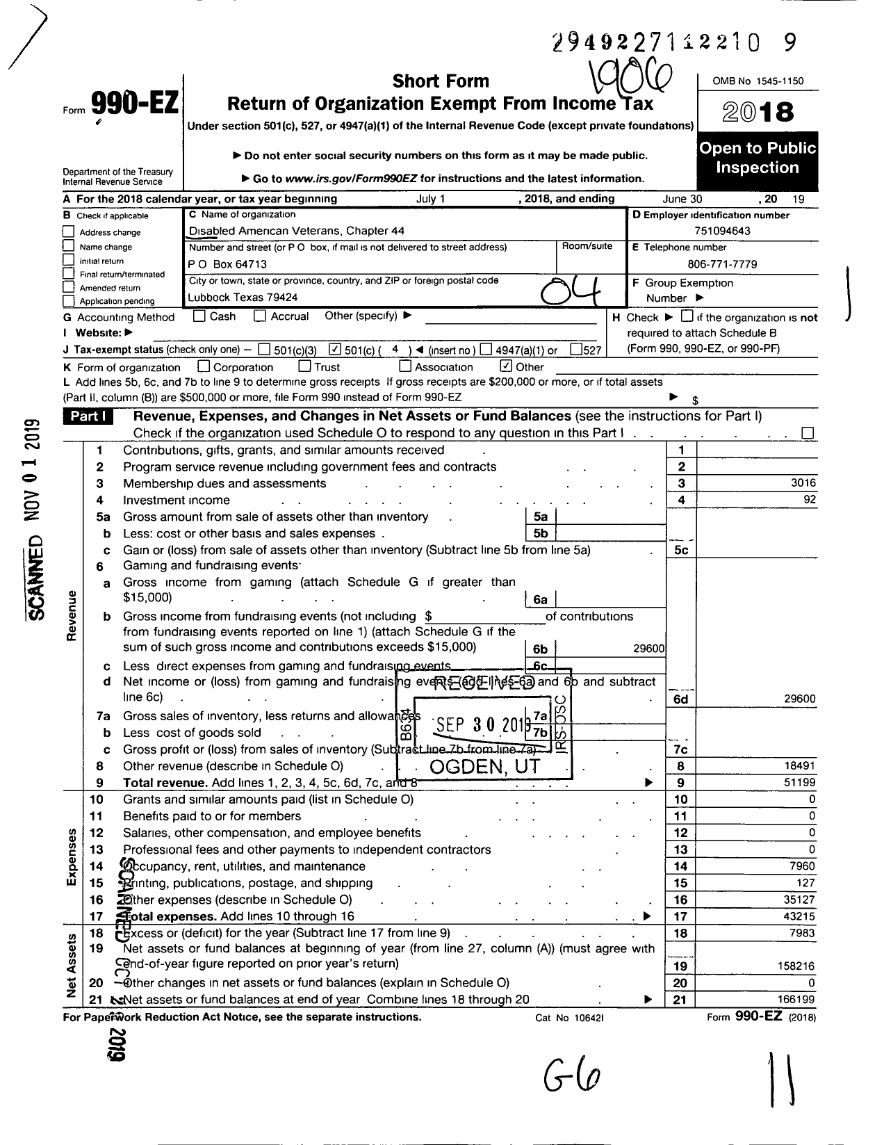 Image of first page of 2018 Form 990EO for Disabled American Veterans - 44 R L Ferguson