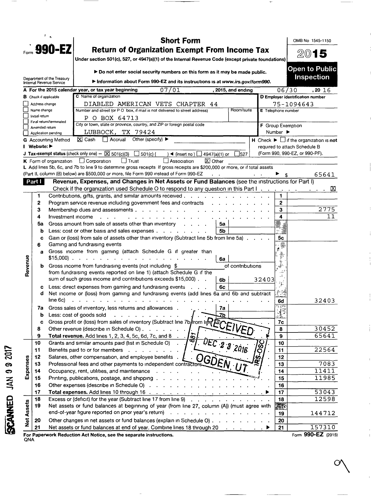 Image of first page of 2015 Form 990EZ for Disabled American Veterans - 44 R L Ferguson