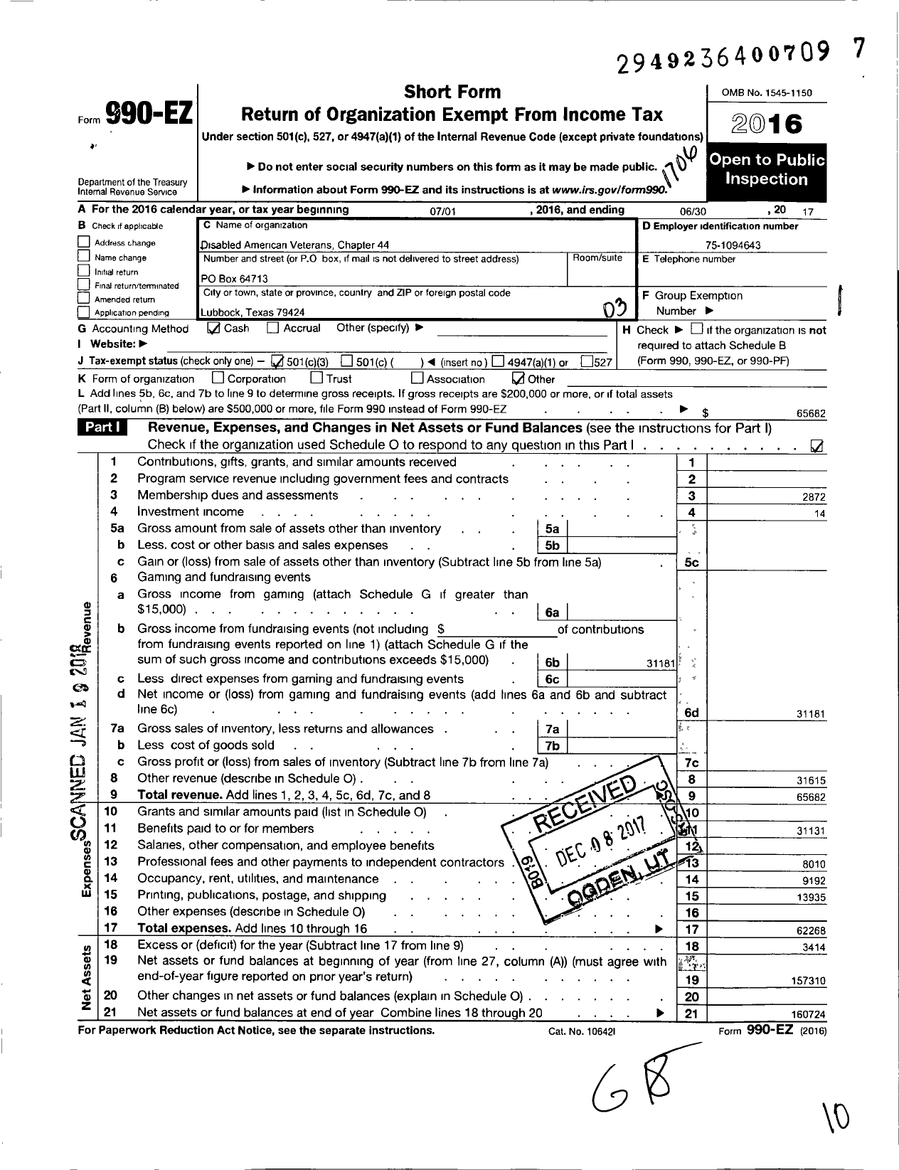 Image of first page of 2016 Form 990EZ for Disabled American Veterans - 44 R L Ferguson