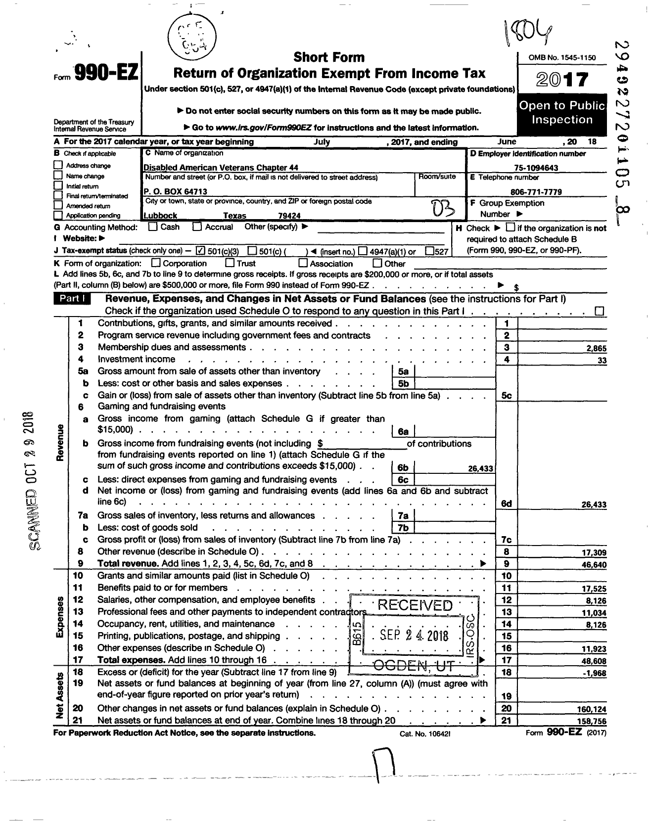 Image of first page of 2017 Form 990EZ for Disabled American Veterans - 44 R L Ferguson