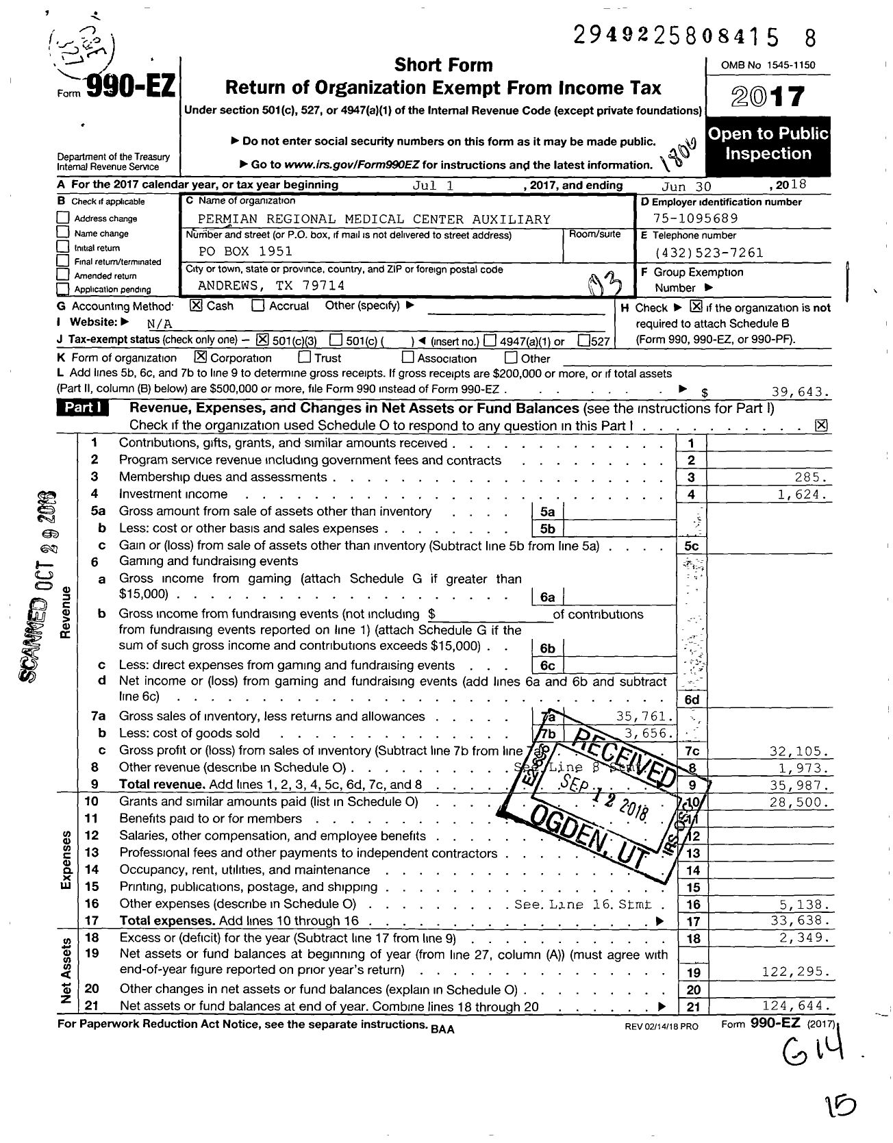 Image of first page of 2017 Form 990EZ for PERMIAN REGIONAL MEDICAL CENTER AUxILIARY