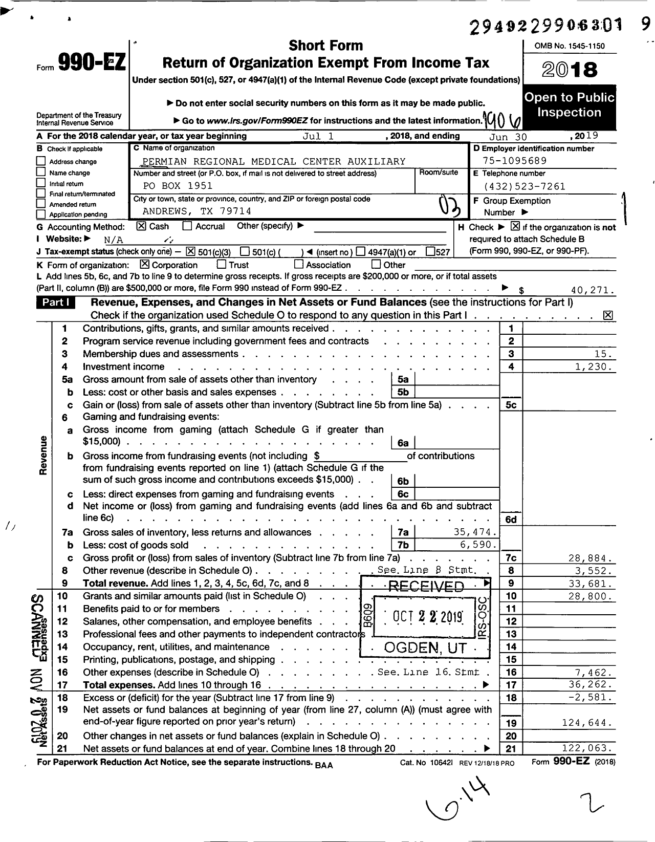 Image of first page of 2018 Form 990EZ for PERMIAN REGIONAL MEDICAL CENTER AUxILIARY