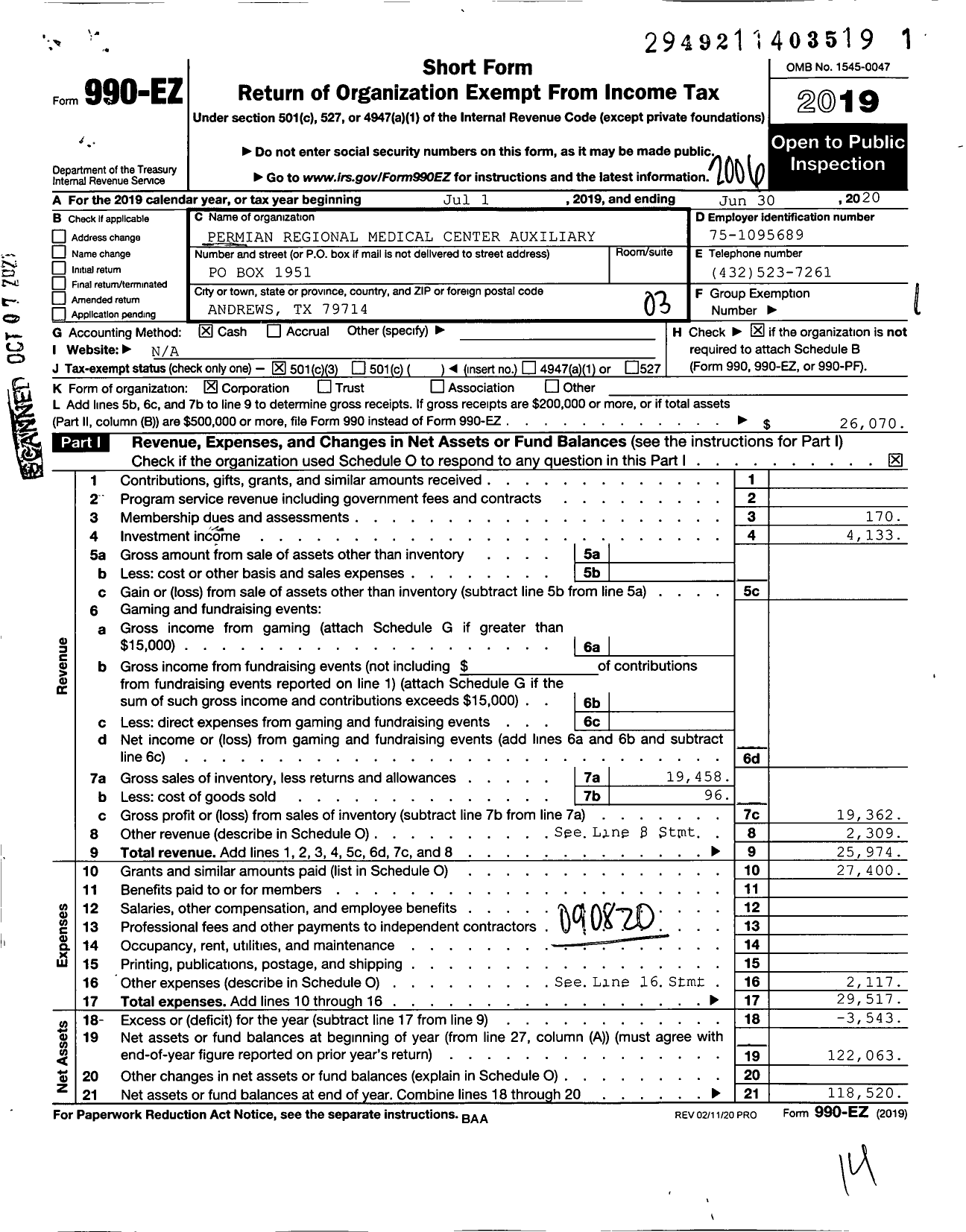 Image of first page of 2019 Form 990EZ for PERMIAN REGIONAL MEDICAL CENTER AUxILIARY