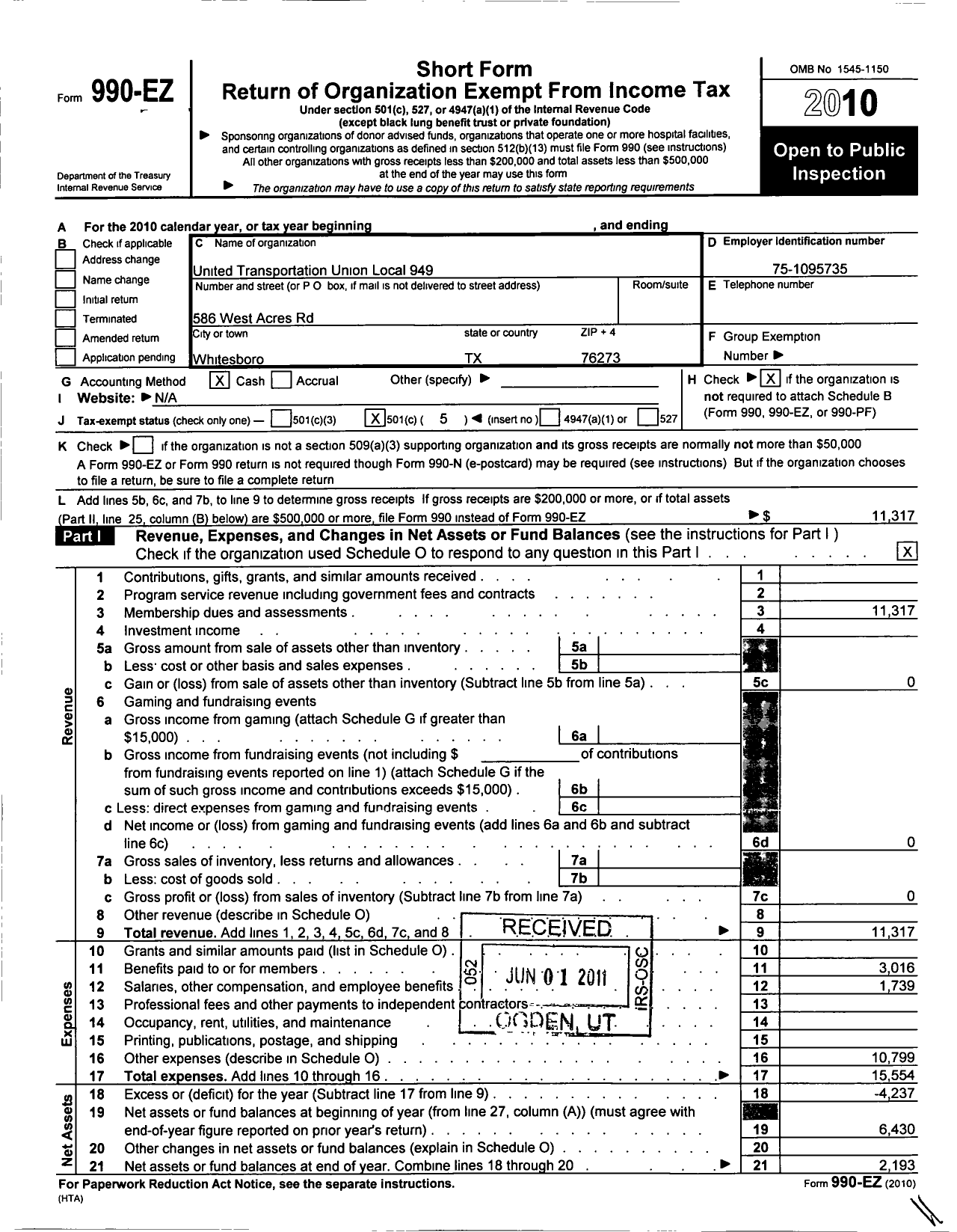 Image of first page of 2010 Form 990EO for Smart Union - 949 TD