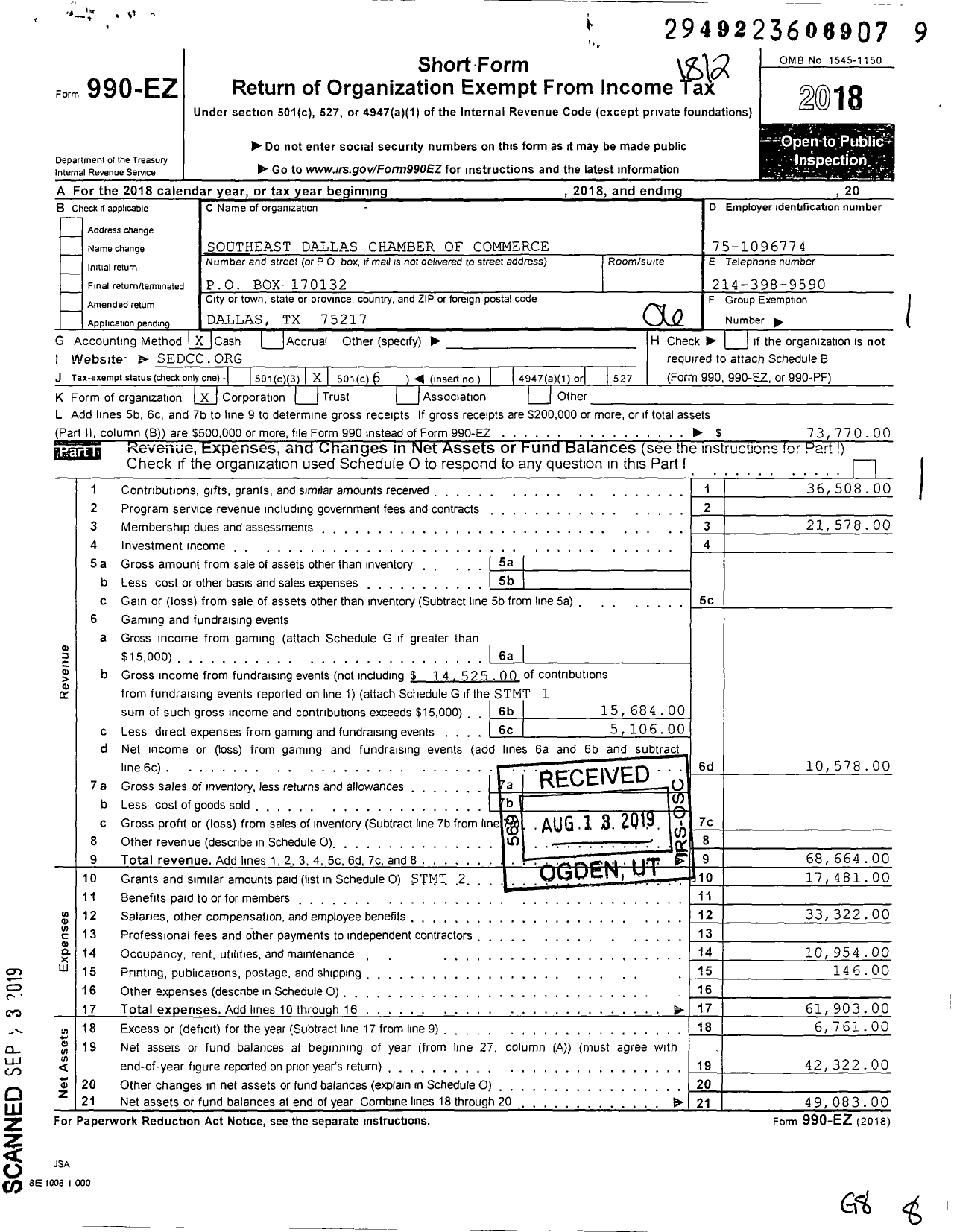 Image of first page of 2018 Form 990EO for Southeast Dallas Chamber of Commerce