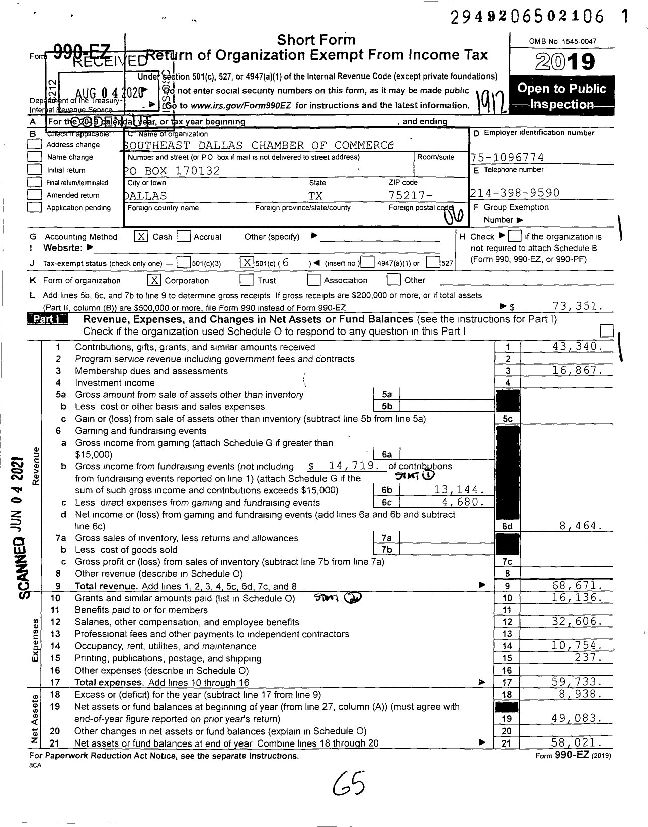 Image of first page of 2019 Form 990EO for Southeast Dallas Chamber of Commerce